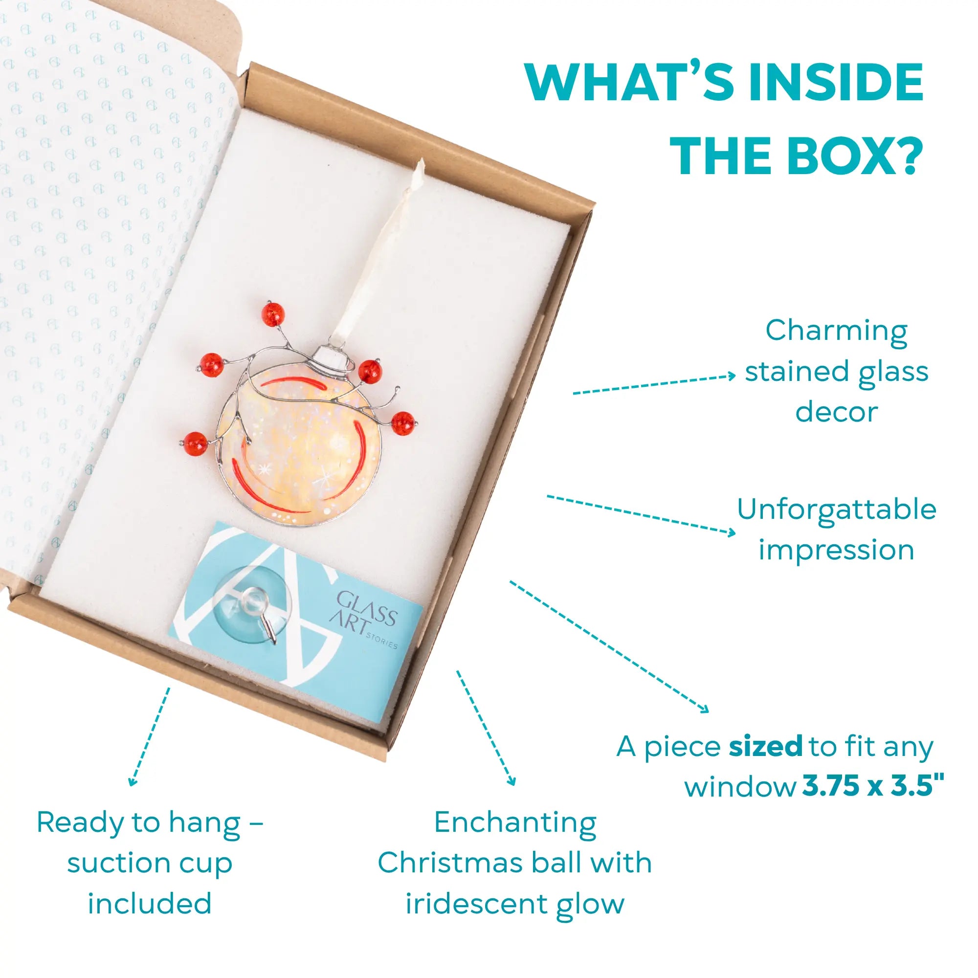 Stained glass ornament shaped like a Christmas ball, featuring red berries and a glowing iridescent surface