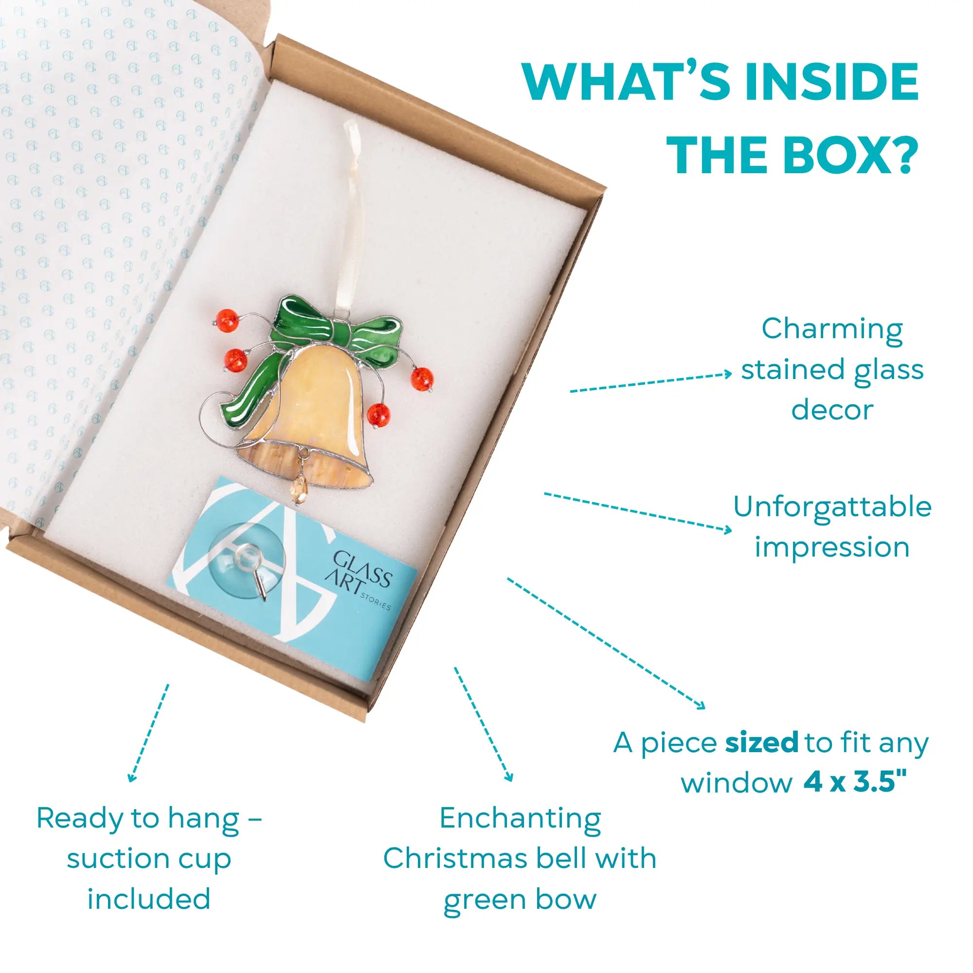 Stained glass Christmas ornament bell decor in a box with branded card and suction cup included