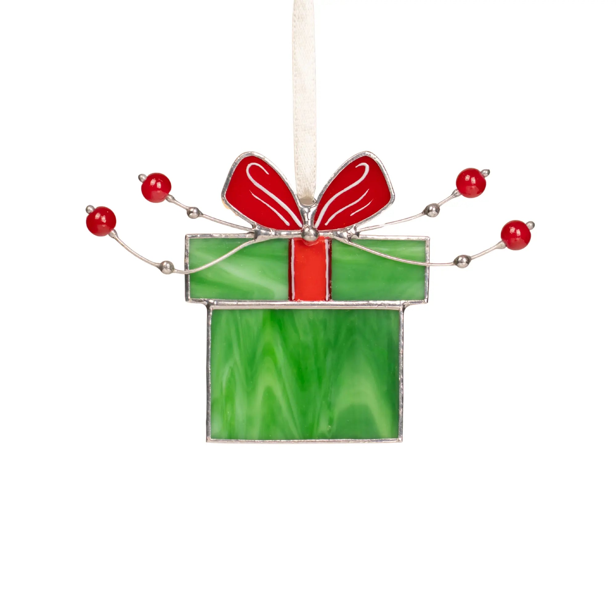 Stained glass green gift box with red ribbon, decorated with red beads and bow