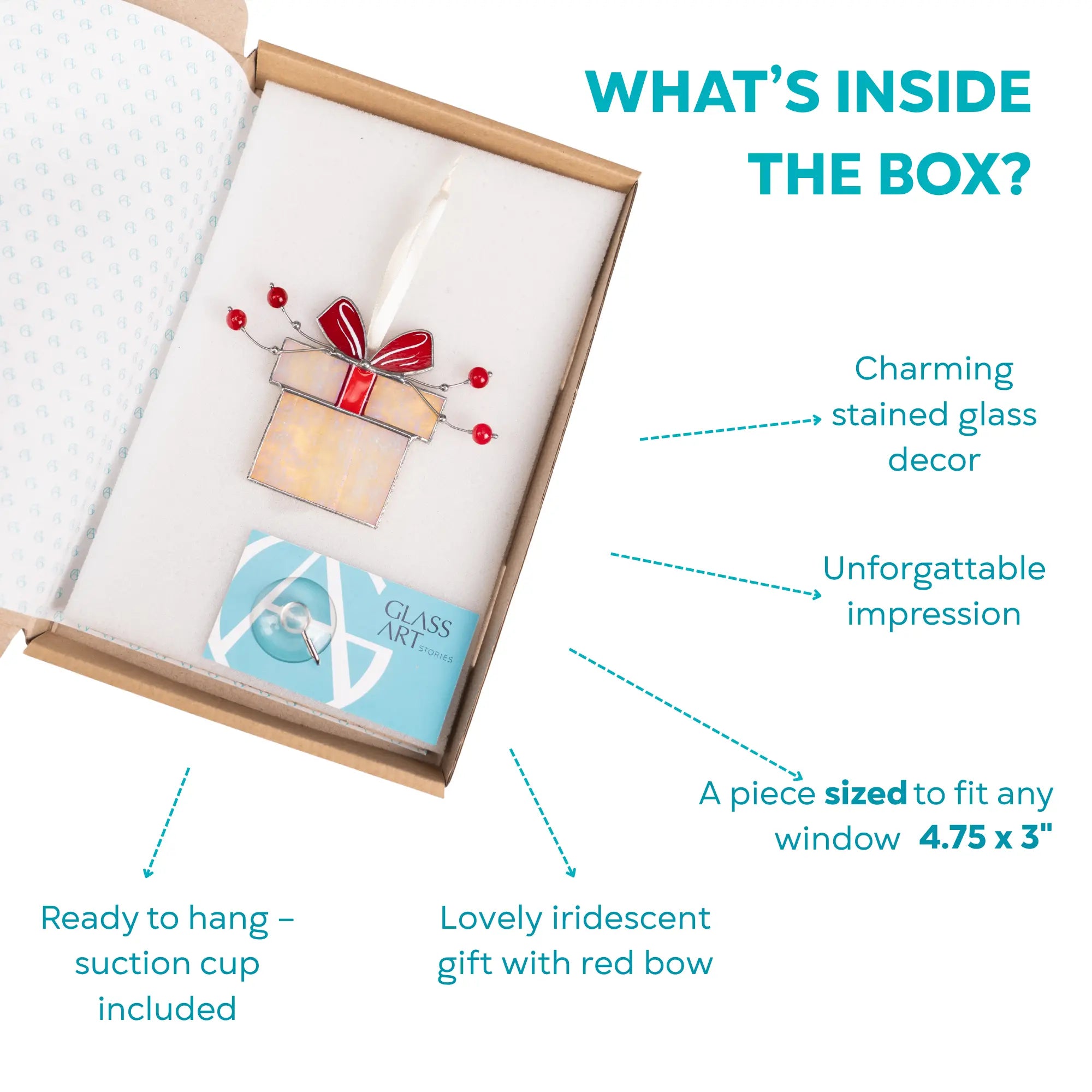 Stained glass gift box ornament with red bow and glowing iridescent design in it's box with branded card and suction cup included