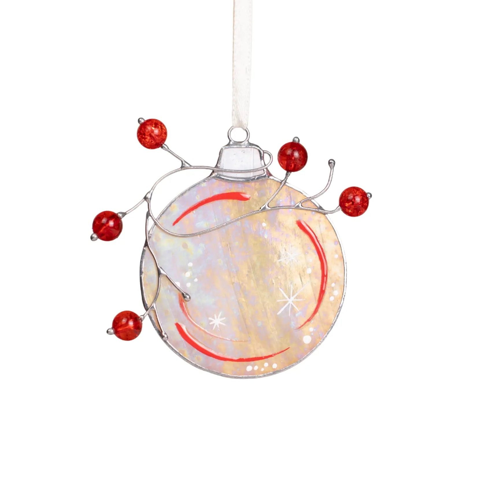 Stained glass Christmas ornament in the shape of a ball with red beads, featuring an iridescent finish and delicate snowflakes
