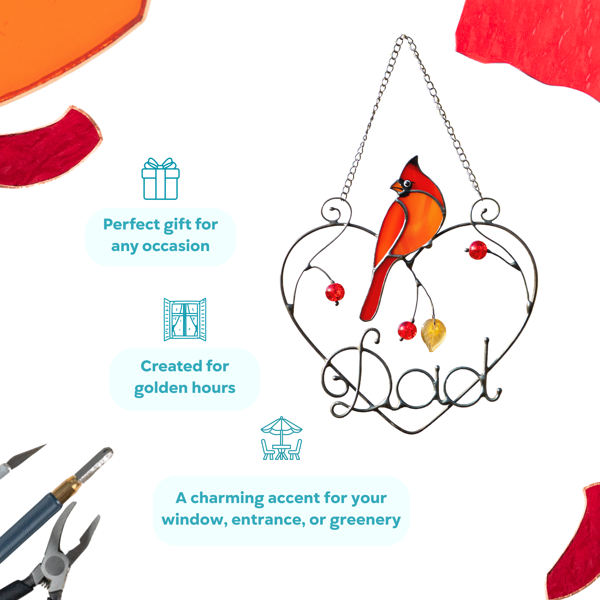 Infographic with cardinal suncatcher showing it as a perfect gift for any occasion and charming accent for your favorite spaces.