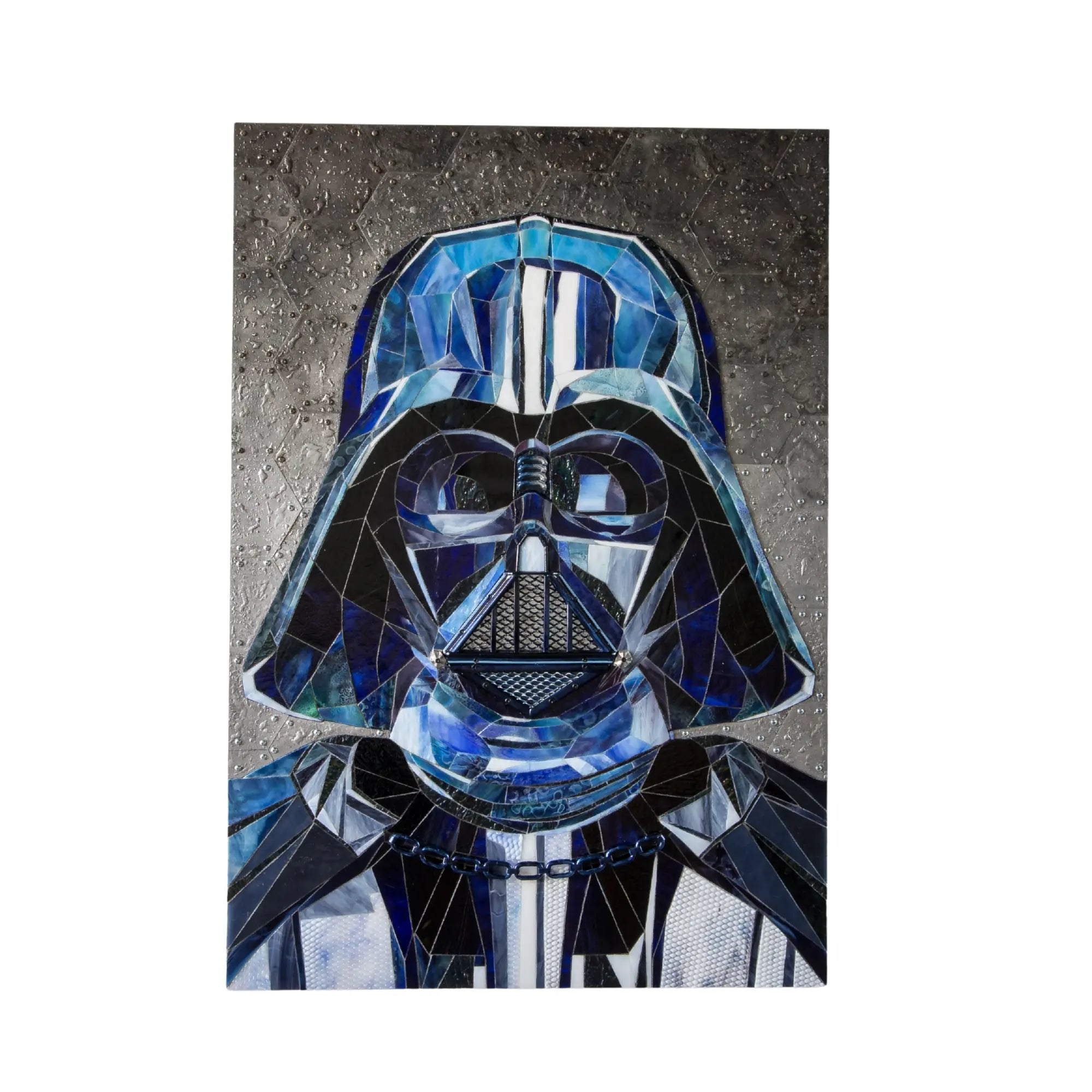 Stained glass Darth Vader mosaic with detailed helmet and space-inspired texture.