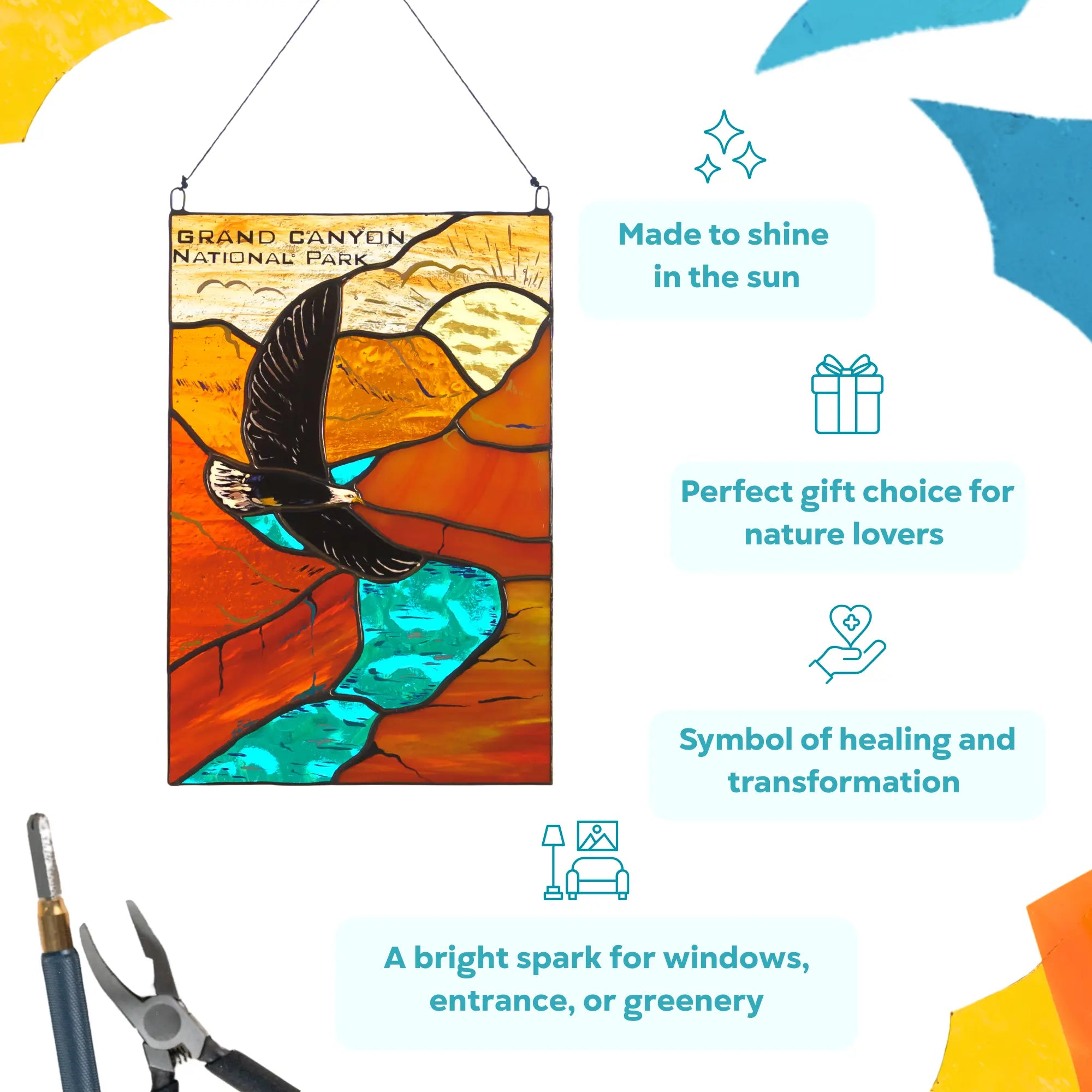 Decorative wall art with Grand Canyon design, bird illustration, and text about its use and symbolism.