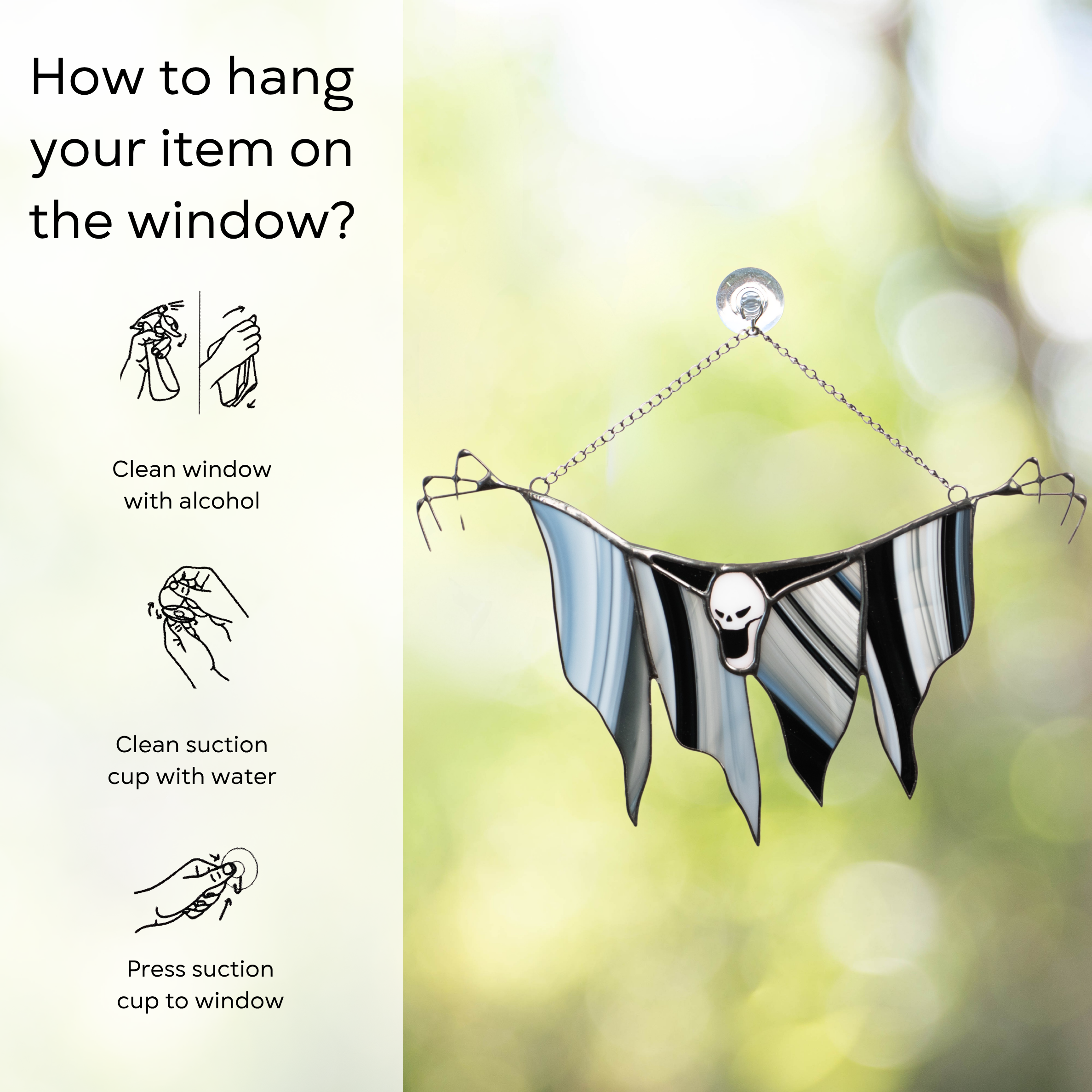 Instructions for hanging Grim Reaper suncatcher on the window: clean window and suction cup, press a cup to the surface.