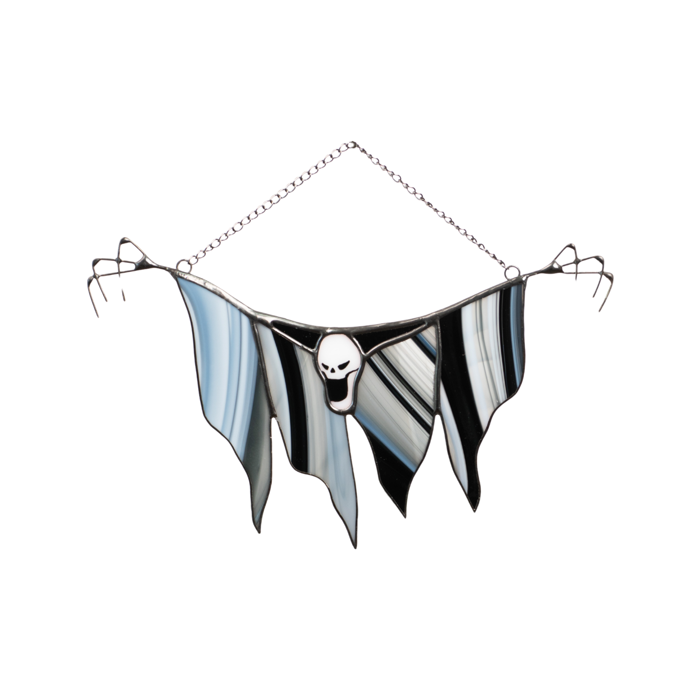 Hanging stained glass Grim Reaper suncatcher with skeletal hands and a white skull on a striped black and grey body