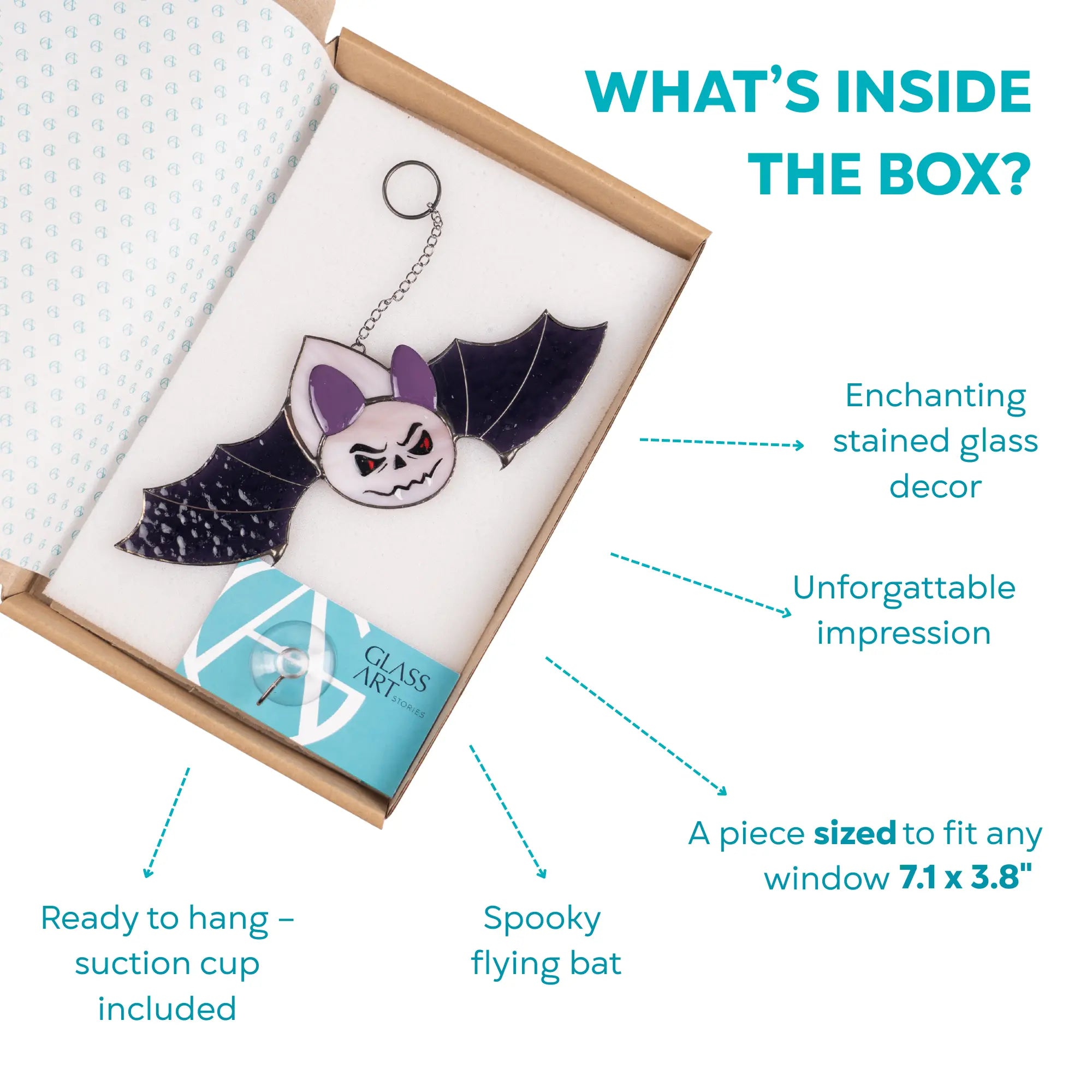 Infographic showing stained glass bat in box with suction cup and size 7.1x3.8 inch