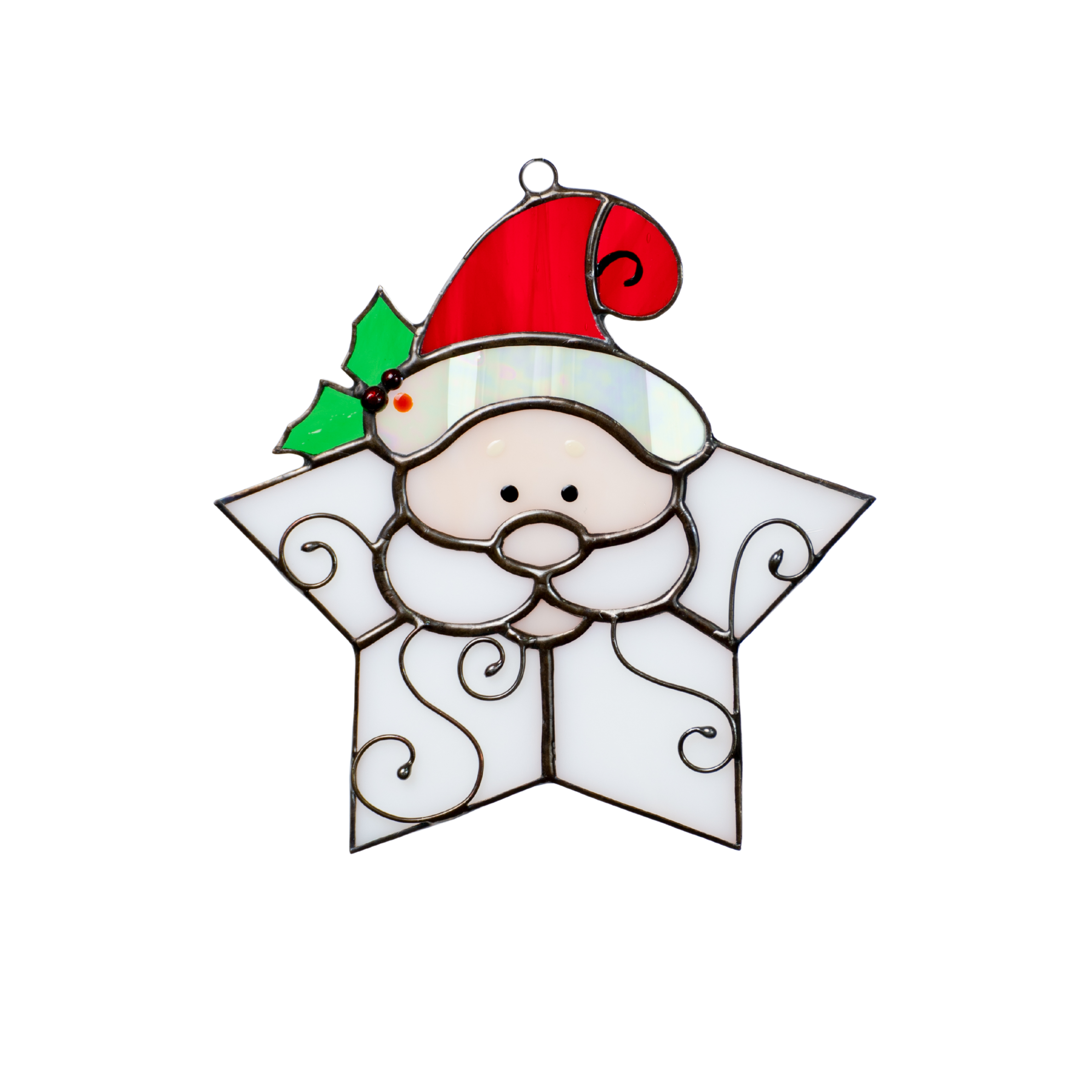 A whimsical stained glass Santa Claus face framed by a white star, featuring a red hat and green holly accent.