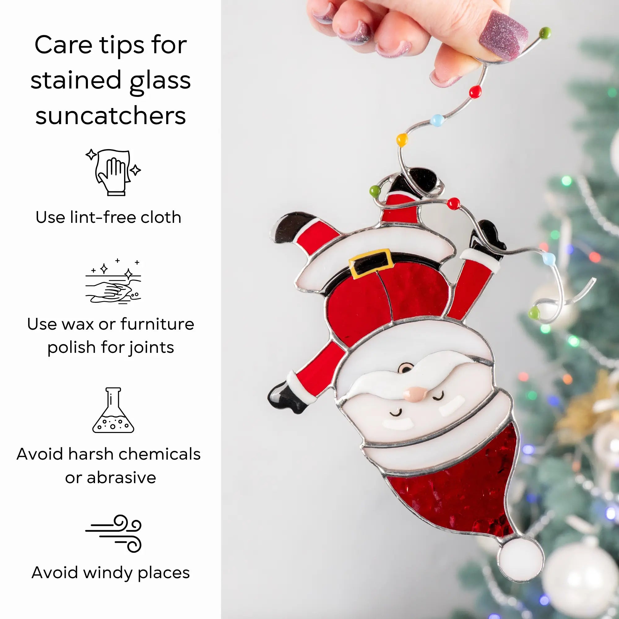 Stained glass Santa Claus suncatcher with care tips on a white background: use lint-free cloth, polish joints with car wax or furniture polish, avoid harsh chemicals, and windy places.