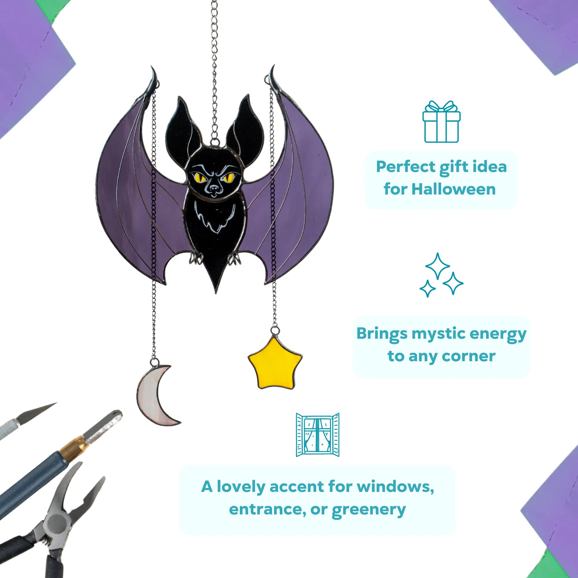 Black bat stained glass suncatcher as a perfect Halloween gothic gift idea