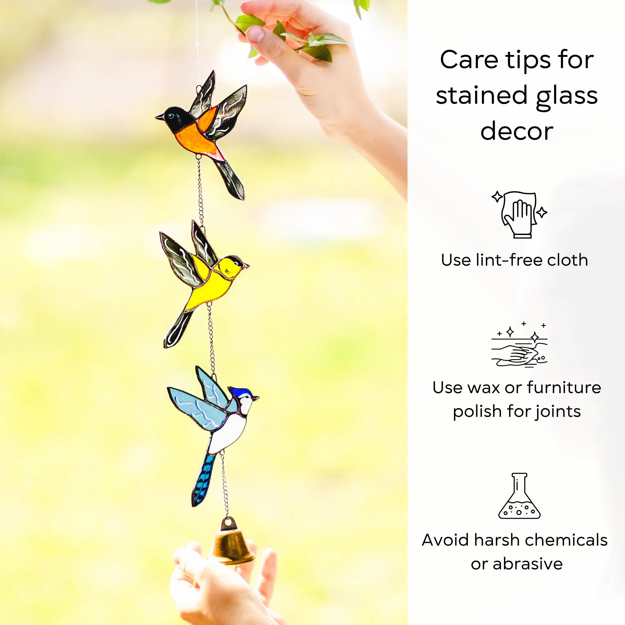 Stained glass birs wind chime with care tips on a yellow background: use lint-free cloth, polish joints with car wax or furniture polish, avoid harsh chemicals, and windy places.