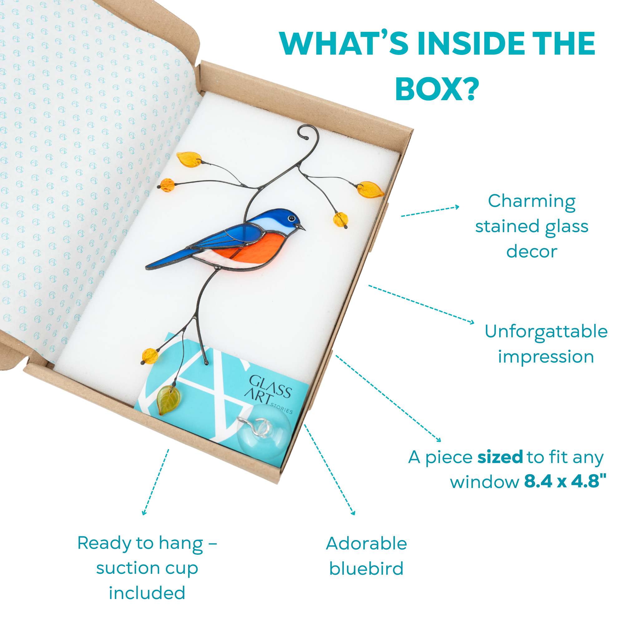 Stained glass bluebird packed in a gift box with suction cup, labeled as a charming decor piece with unforgettable impression.