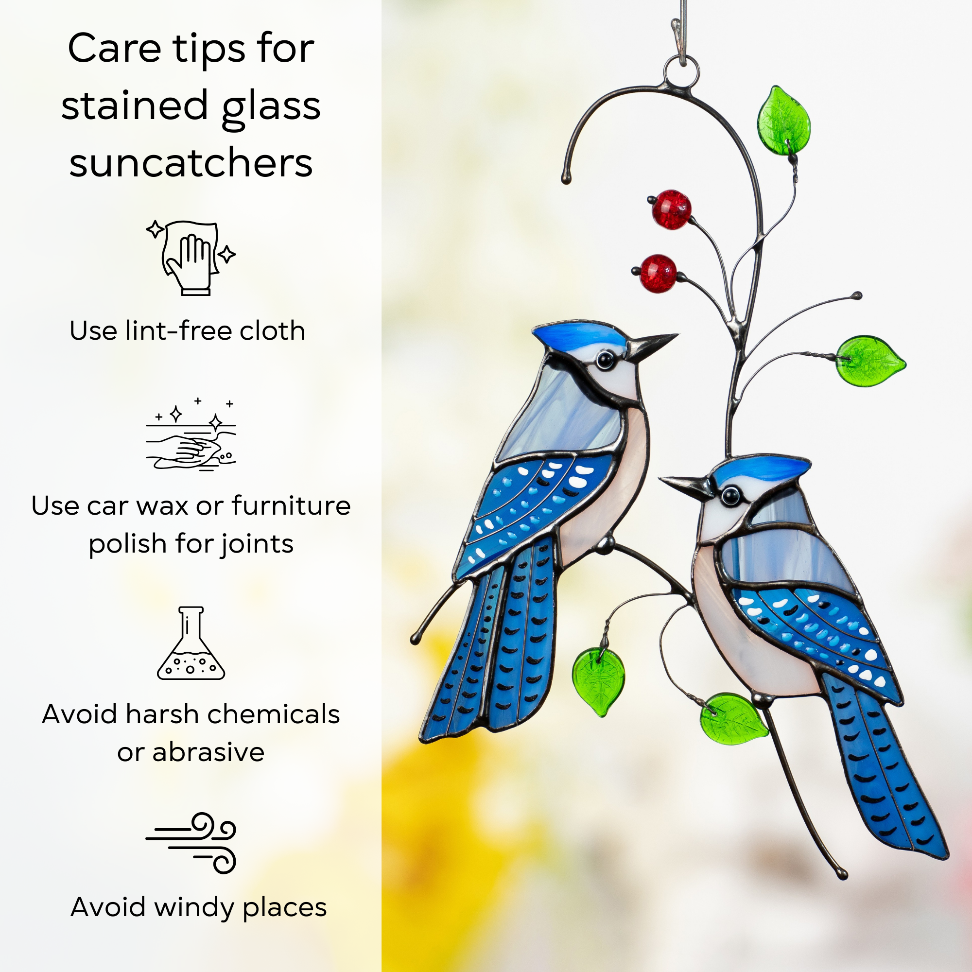 Close-up of blue jay suncatcher with care instructions: use wax, avoid wind, polish joints, clean gently