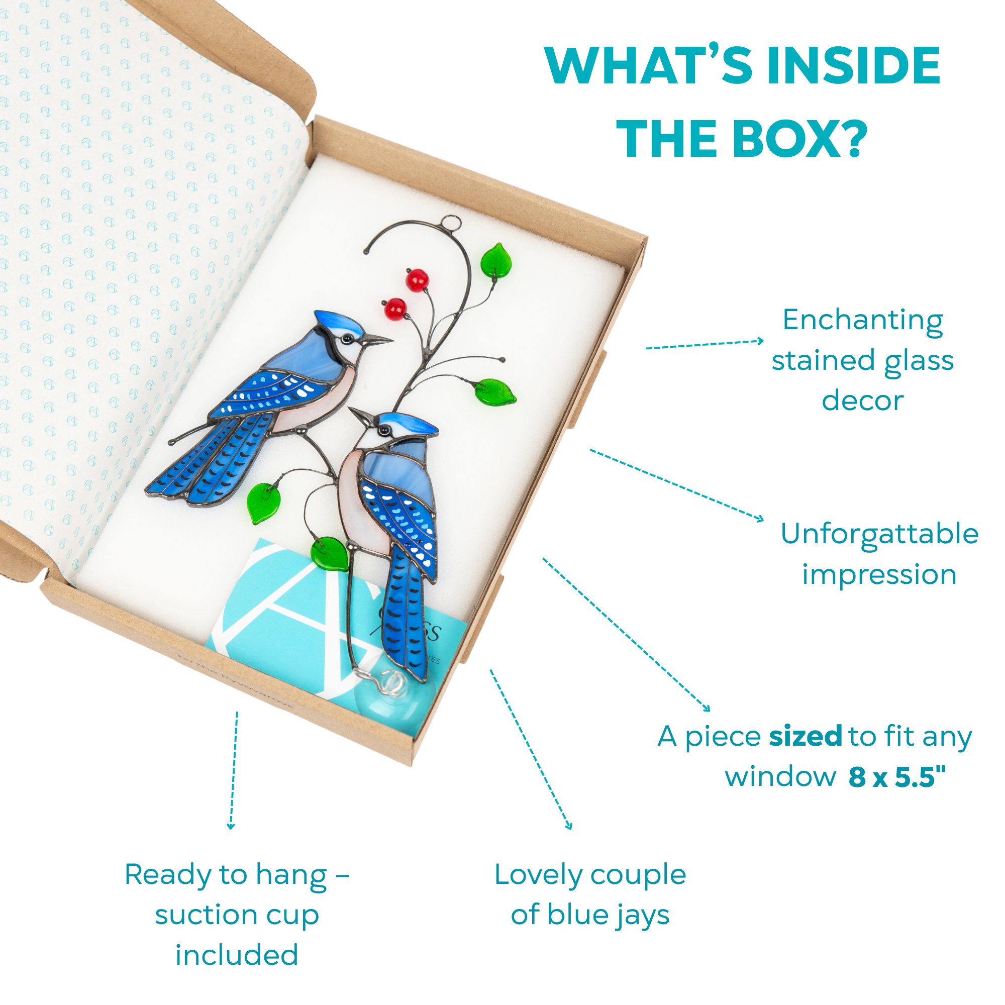 Open gift box with stained glass blue jay pair, labeled: ready to hang, unforgettable gift, fits 8x5.5" windows, suction cup included