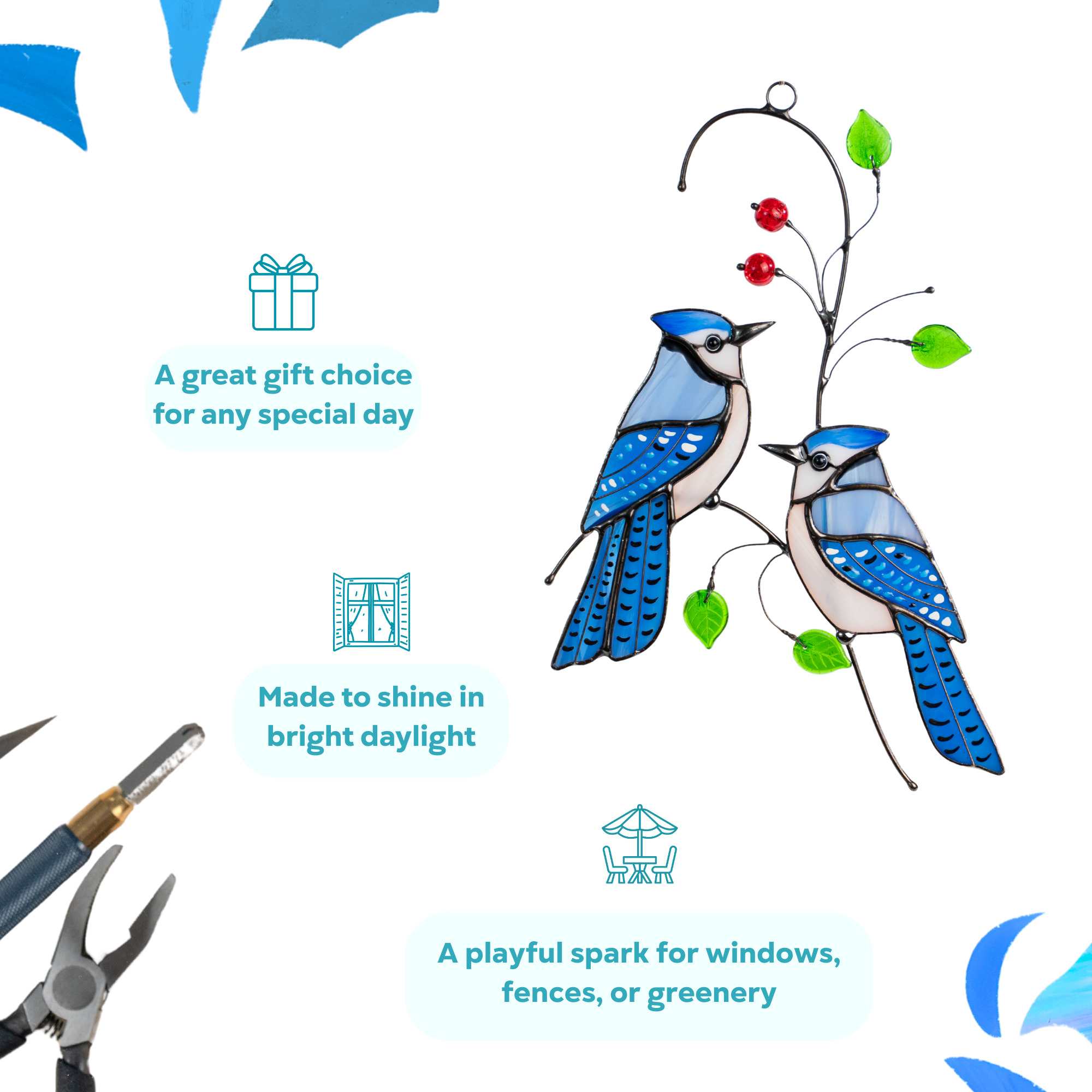 Two stained glass blue jays with red beads and green leaves, shown with text: great gift, spark for windows, shines in daylight