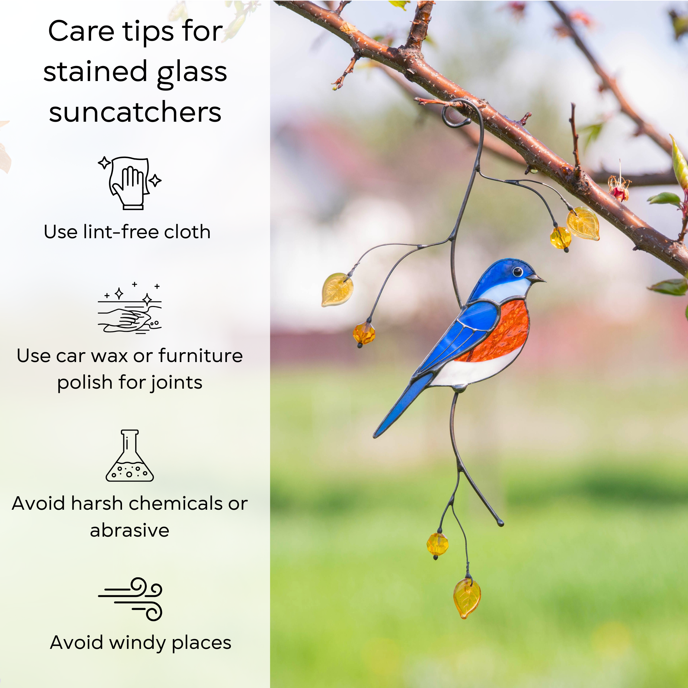 A stained glass bluebird suncatcher is shown with tips for care: use lint-free cloth, polish joints, avoid harsh chemicals and windy places.