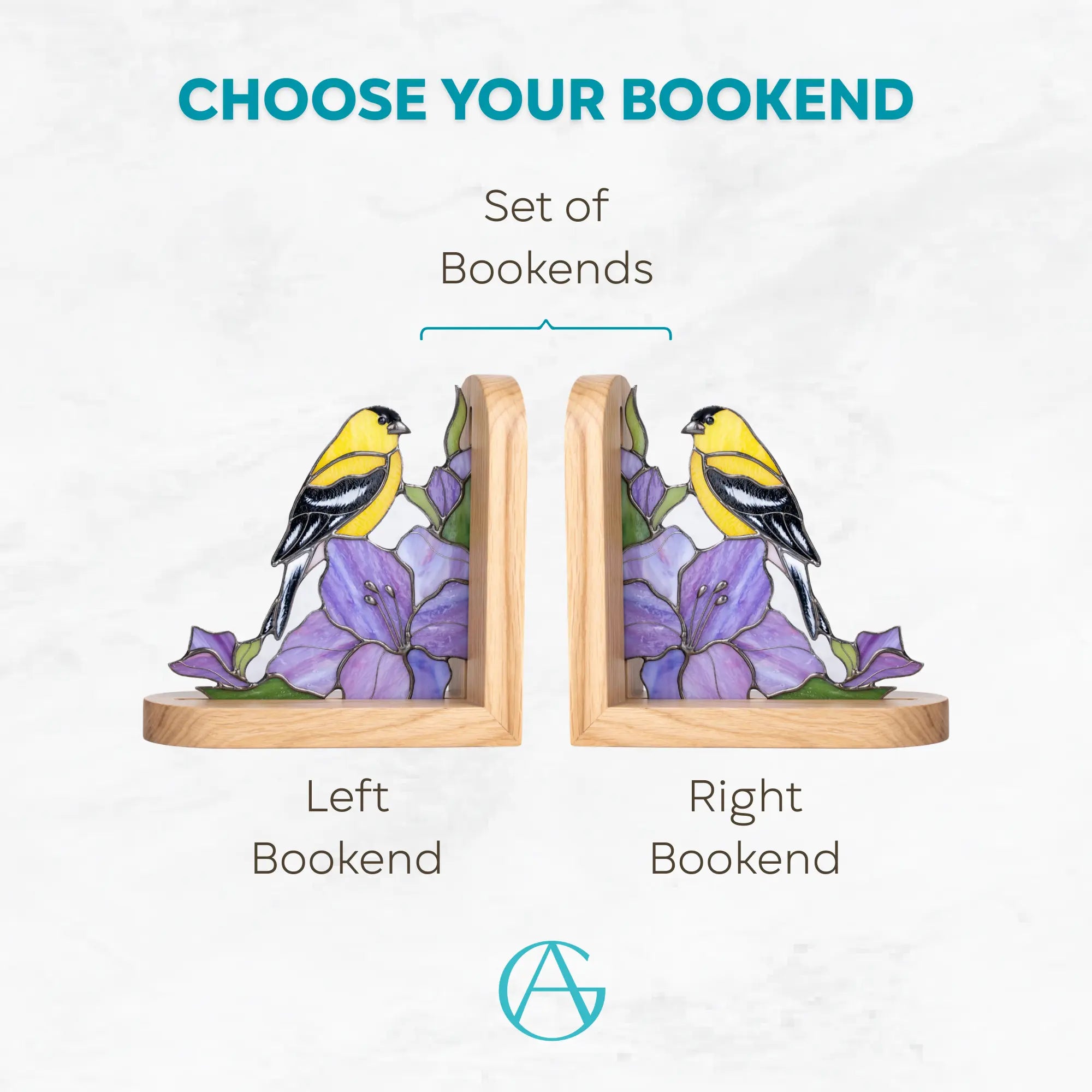 Variation of stained glass bookends with goldfinch and purple flowers: left bookend, right bookend and set of both