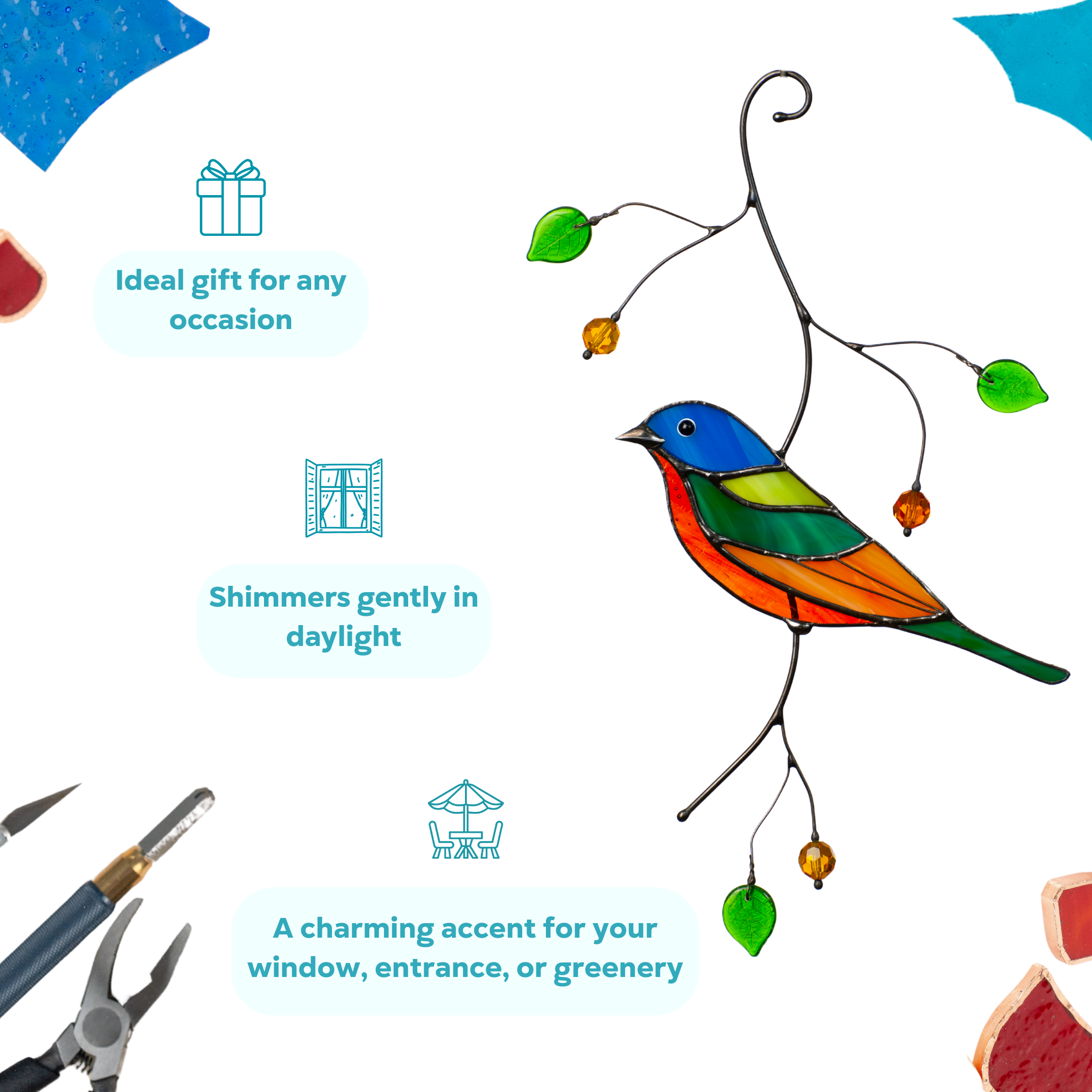 Infographic showing stained glass bunting bird as a decorative gift idea and bright window accent.