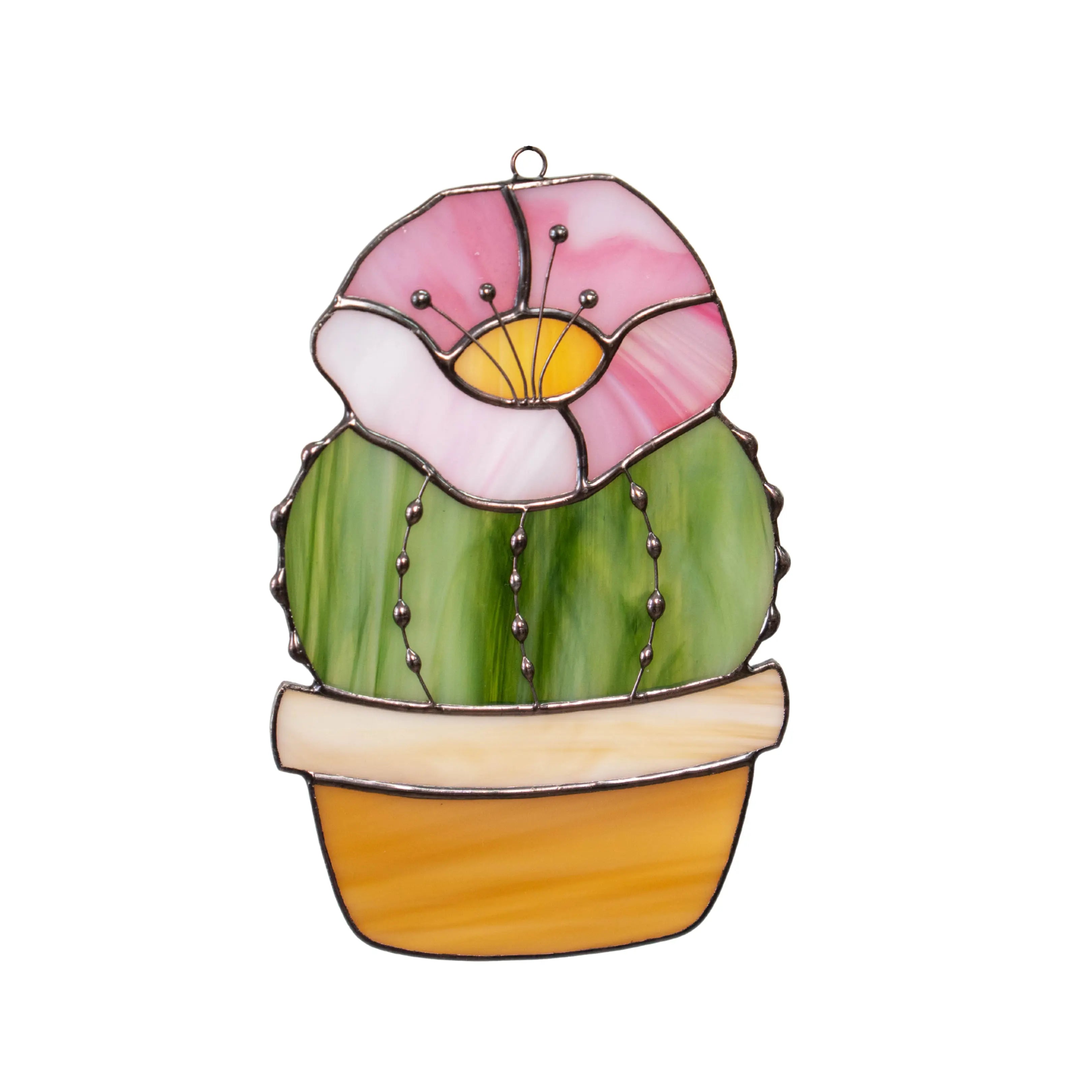Stained glass green cactus pot on a white background