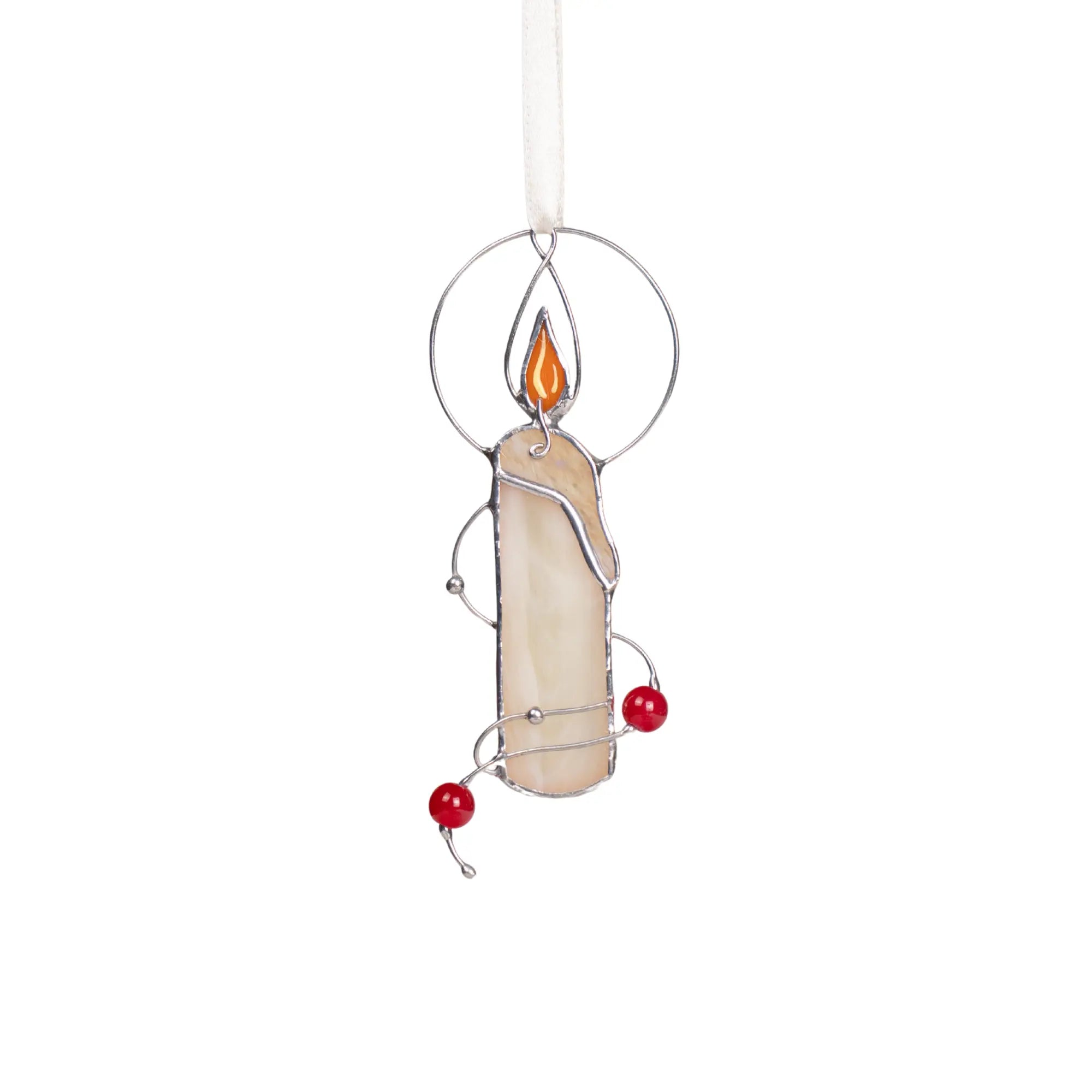 Handmade stained glass candle suncatcher with orange flame, red beads, and silver wire frame hanging on a ribbon.