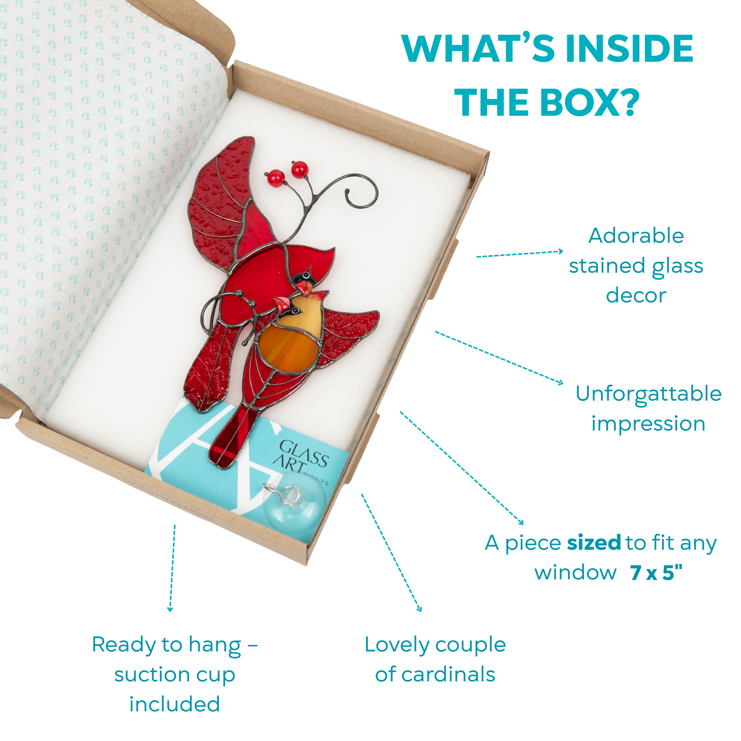 Boxed stained glass cardinals with branded card and labeled benefits: size, impression, gift-ready