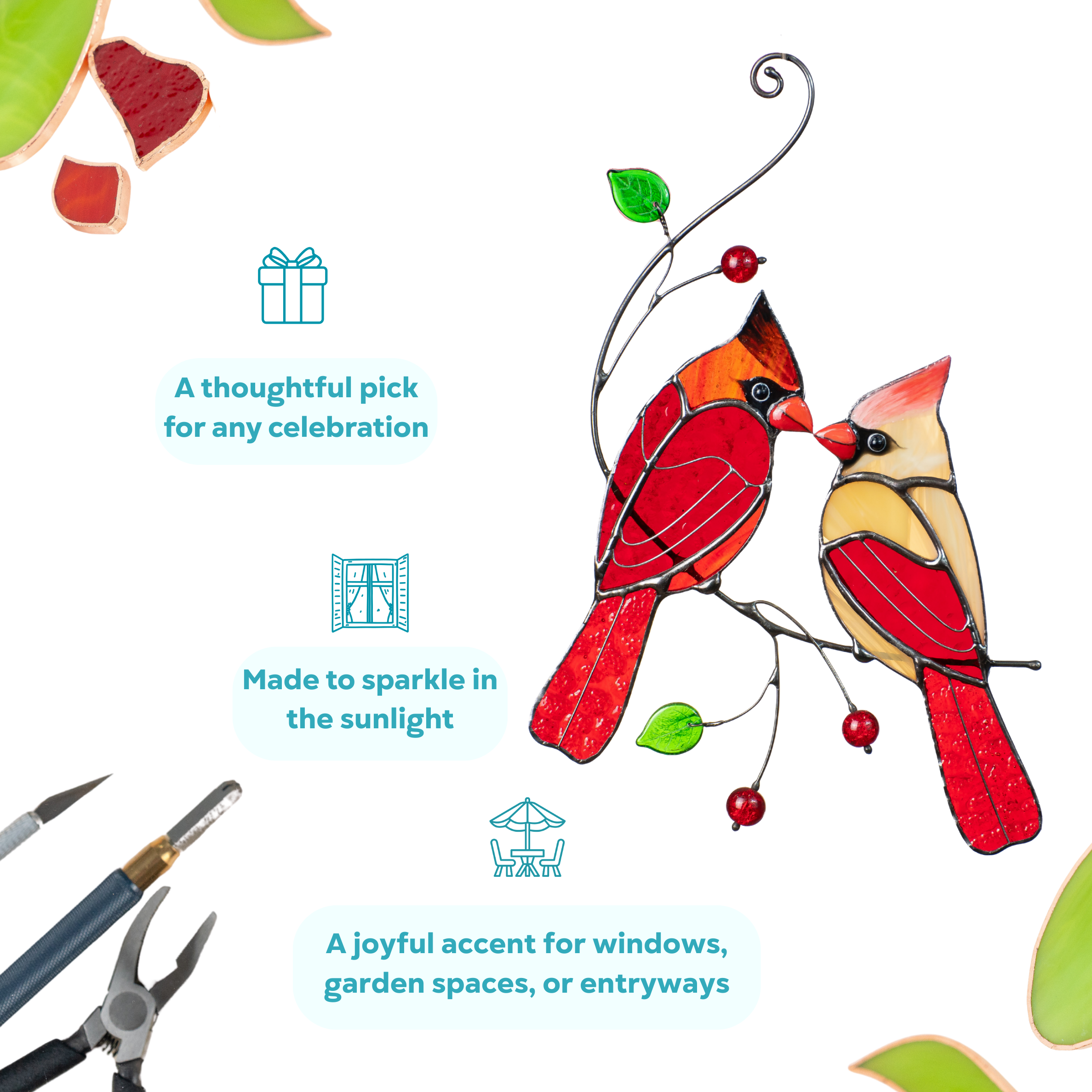 Stained glass cardinal couple suncatcher with red beads and glass leaves – a meaningful window decor and heartfelt gift.