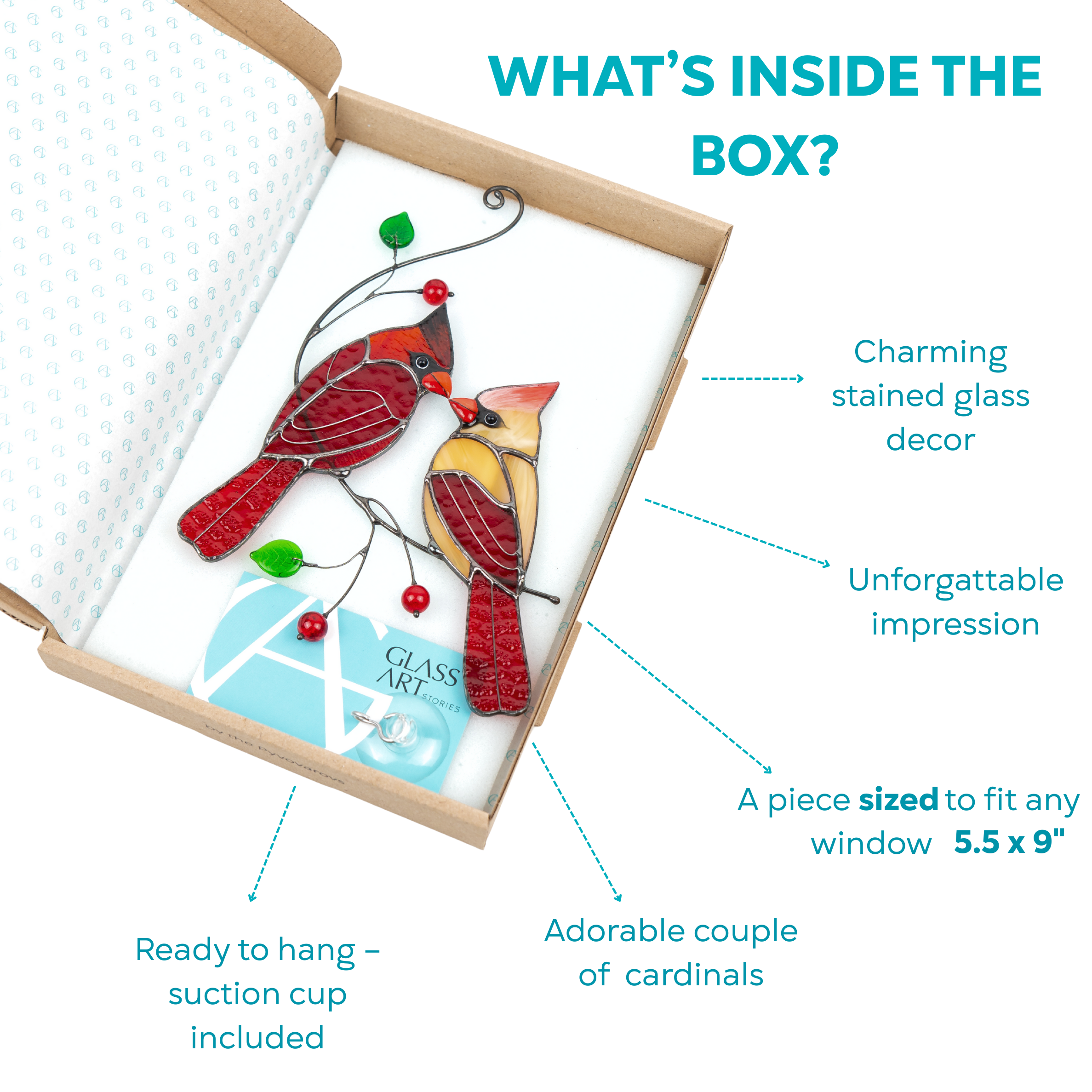 Handmade stained glass cardinals suncatcher, boxed and ready to gift. Includes suction cup and fits any 5.5 x 9" window.