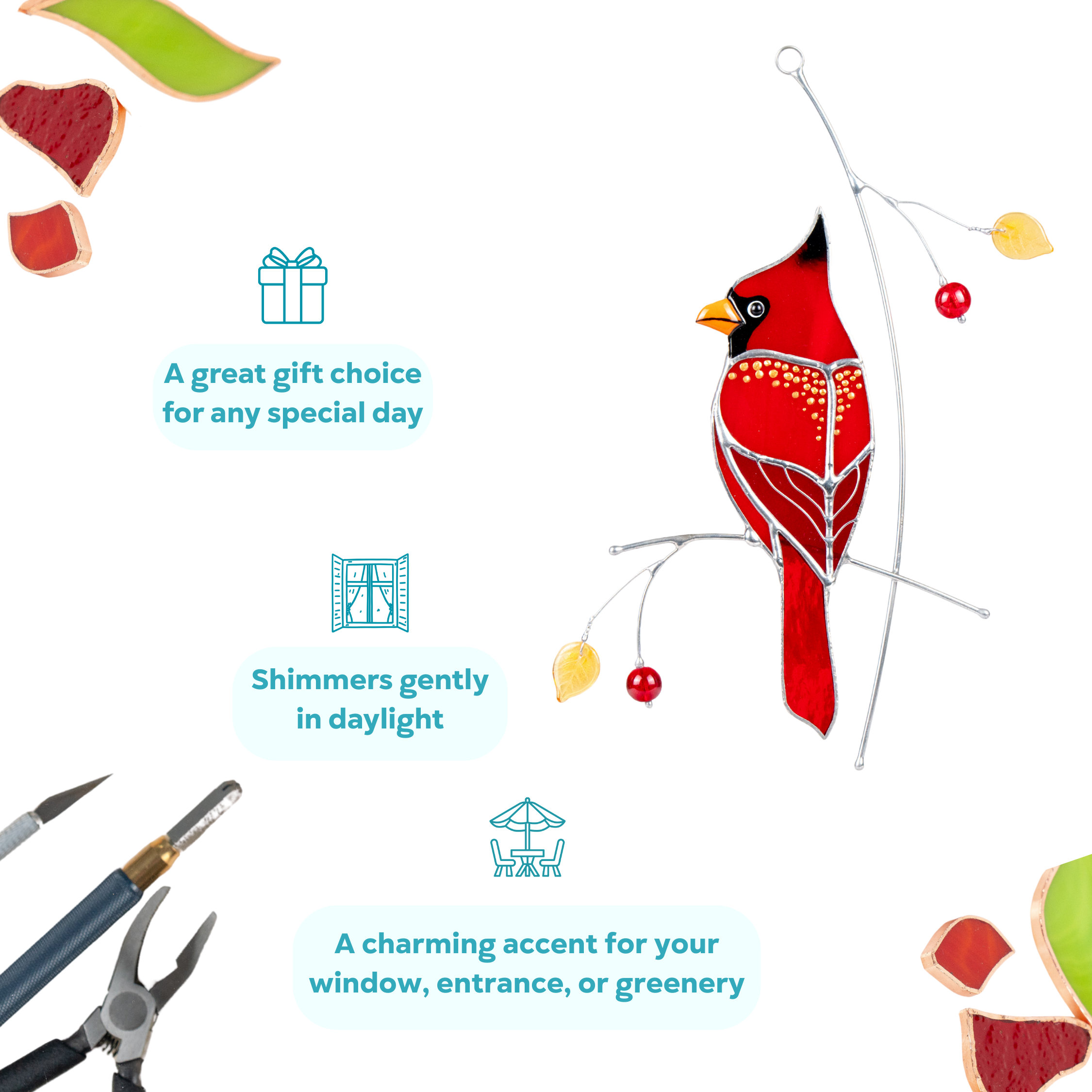 Stained glass red cardinal sparkles in daylight — a charming gift for any window or greenery.