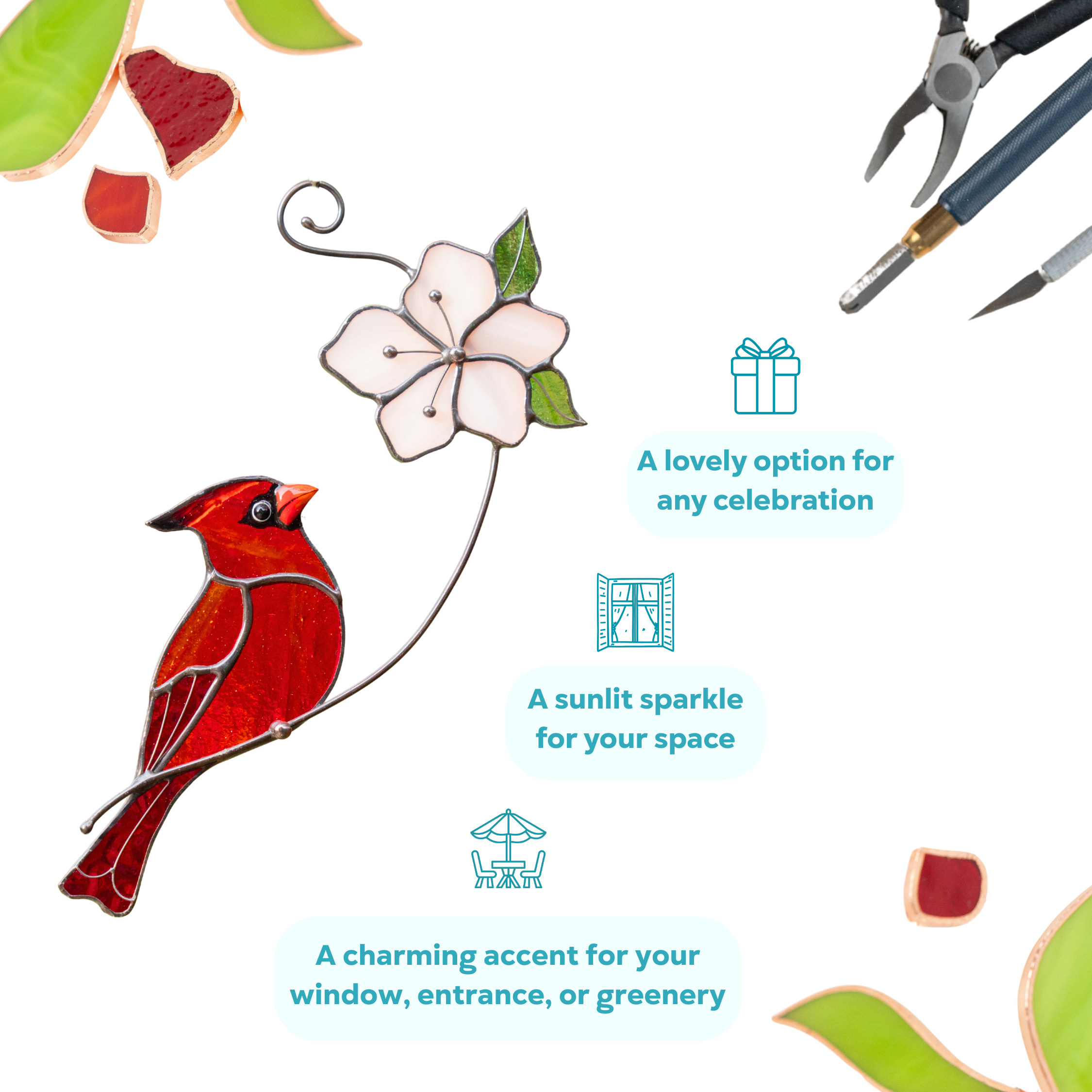 Vibrant red stained glass cardinal perched near a delicate pink flower with green leaves.