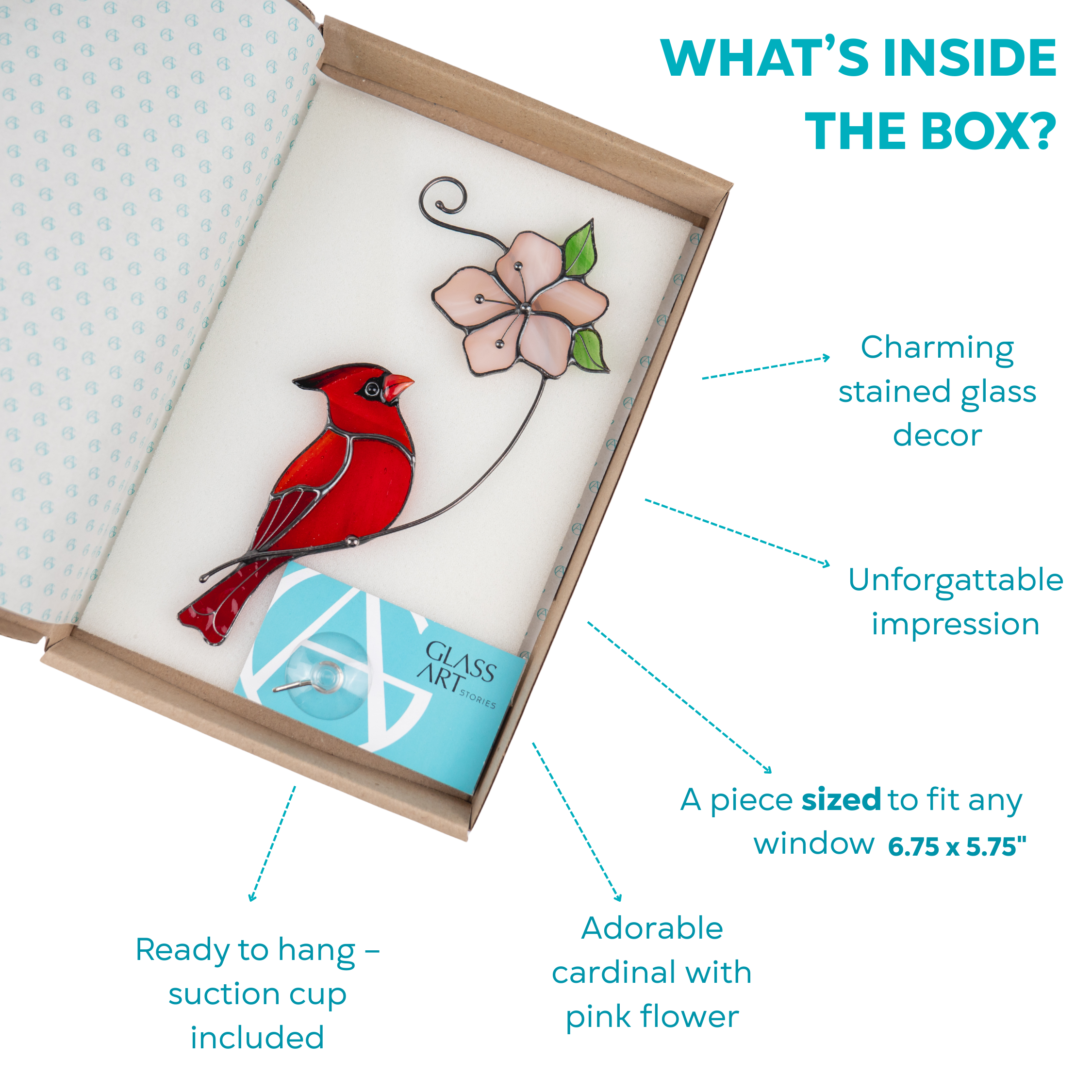 Gift box with stained glass cardinal and pink flower decor, ready to hang with included suction cup.