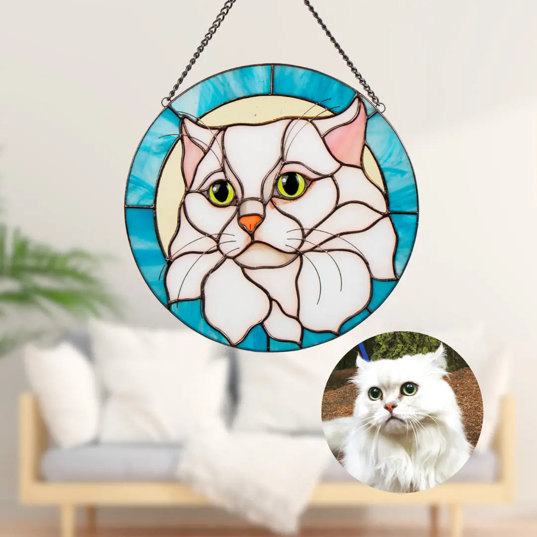 Stained glass panel custom pet portrait with a real-life comparison of a white cat.