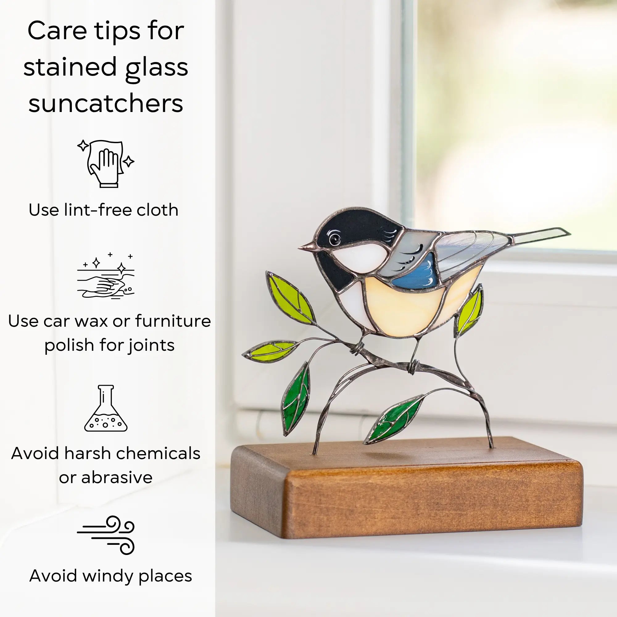 Care guide with stained glass bird showing how to clean and protect suncatchers: use lint-free cloth, polish joints with car wax or furniture polish, avoid harsh chemicals, and windy places.