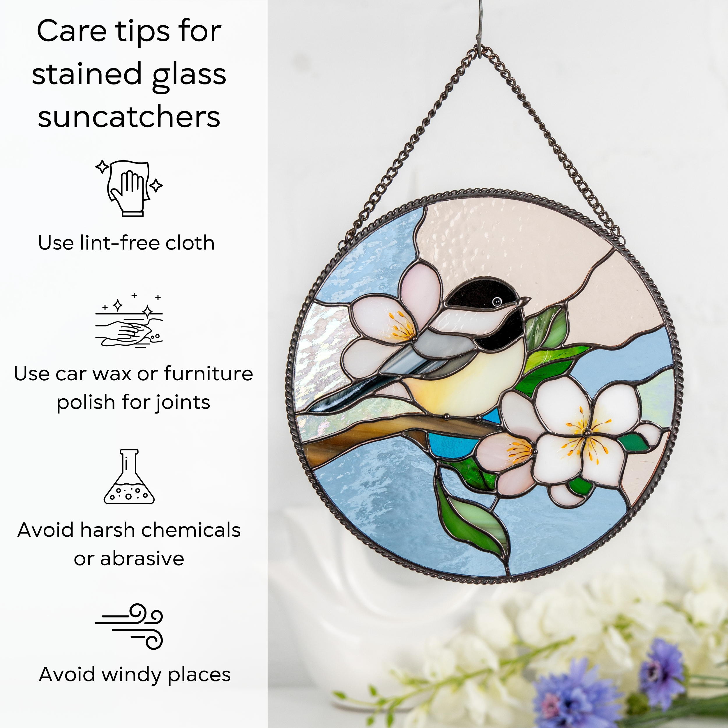 Close-up of chickadee panel indoors next to care guide: use lint-free cloth, wax joints, avoid wind and abrasives