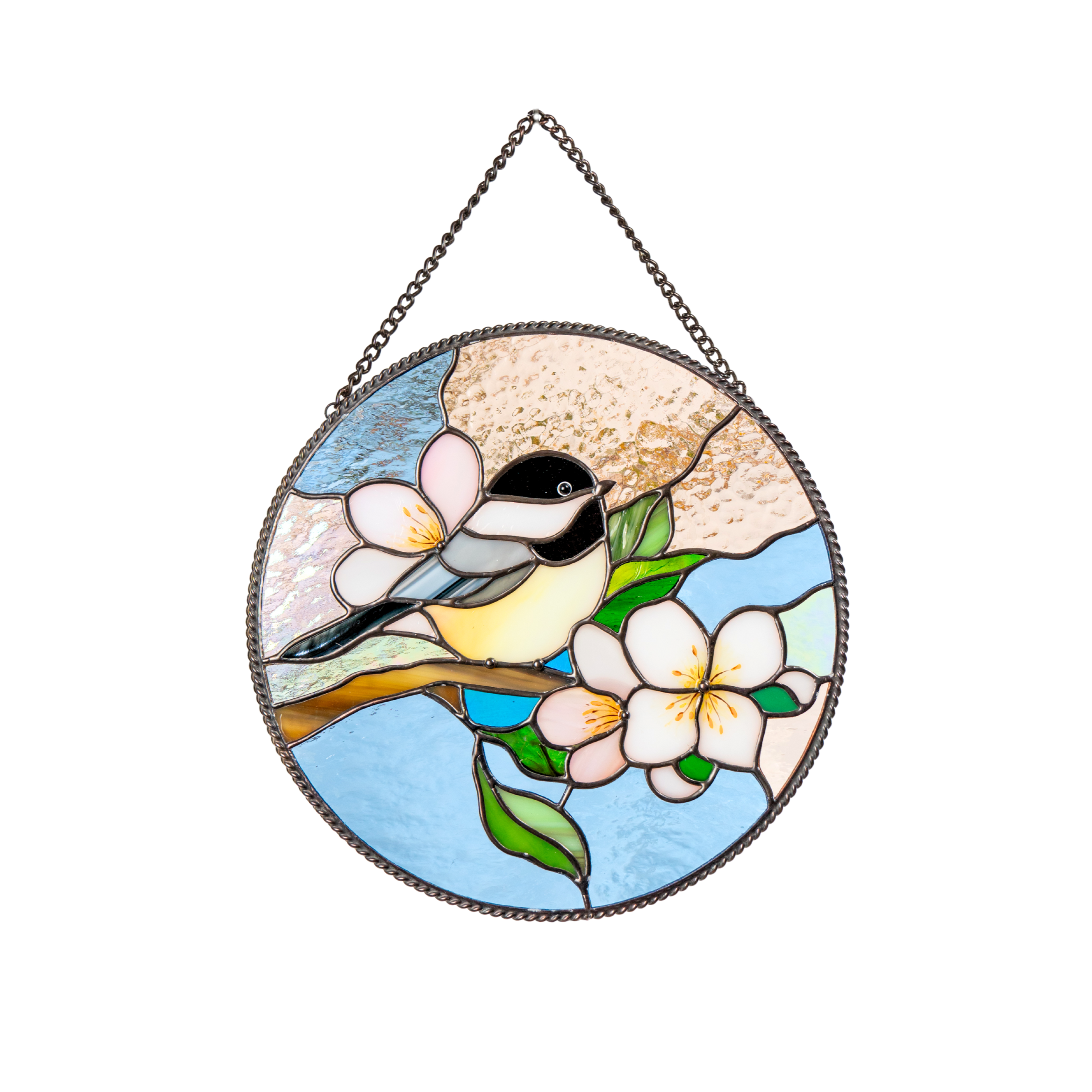 Round stained glass panel featuring a chickadee on a branch with pale pink flowers and a pastel background.