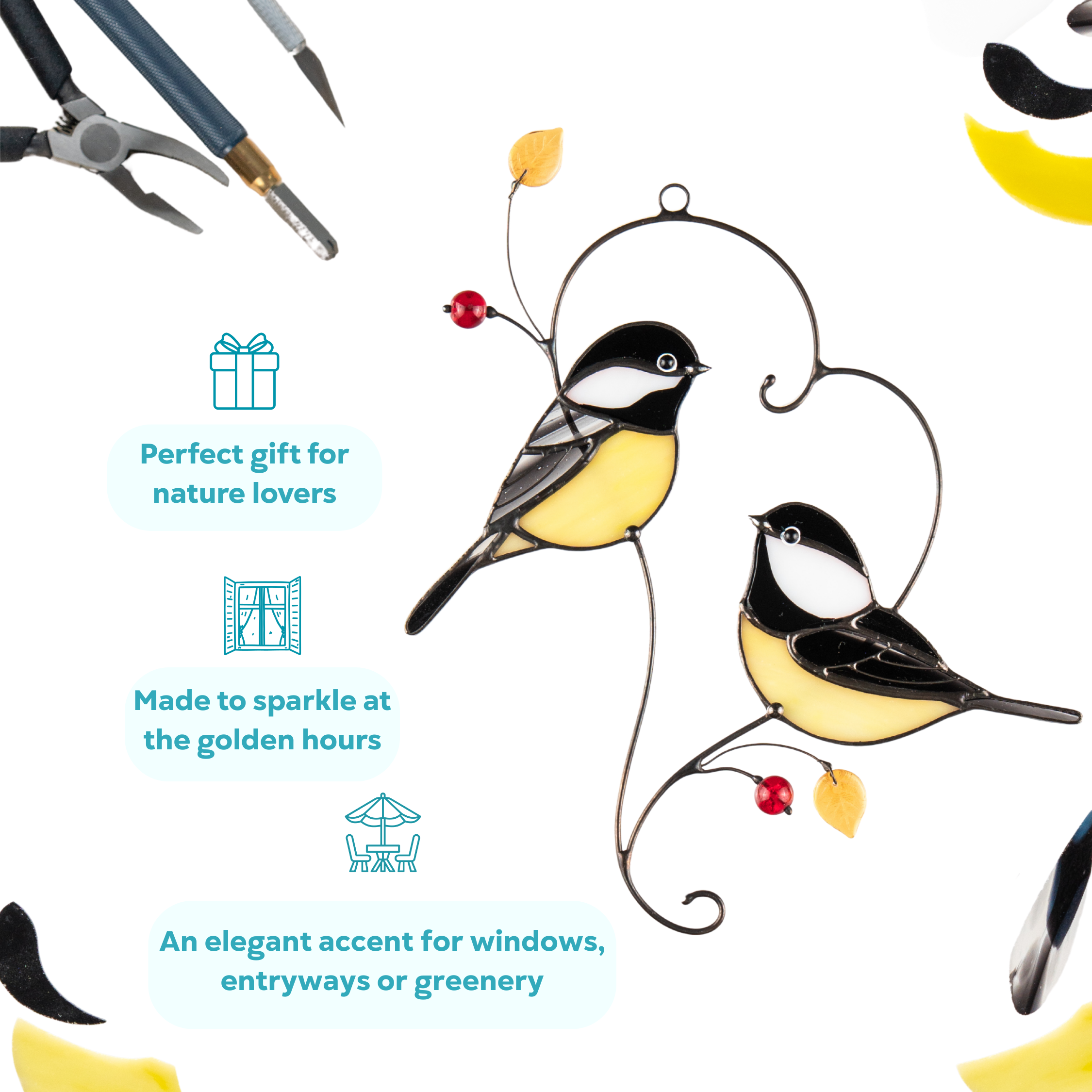 Handcrafted chickadee suncatcher symbolizing joy in nature, ideal for gifting, windows, or garden displays