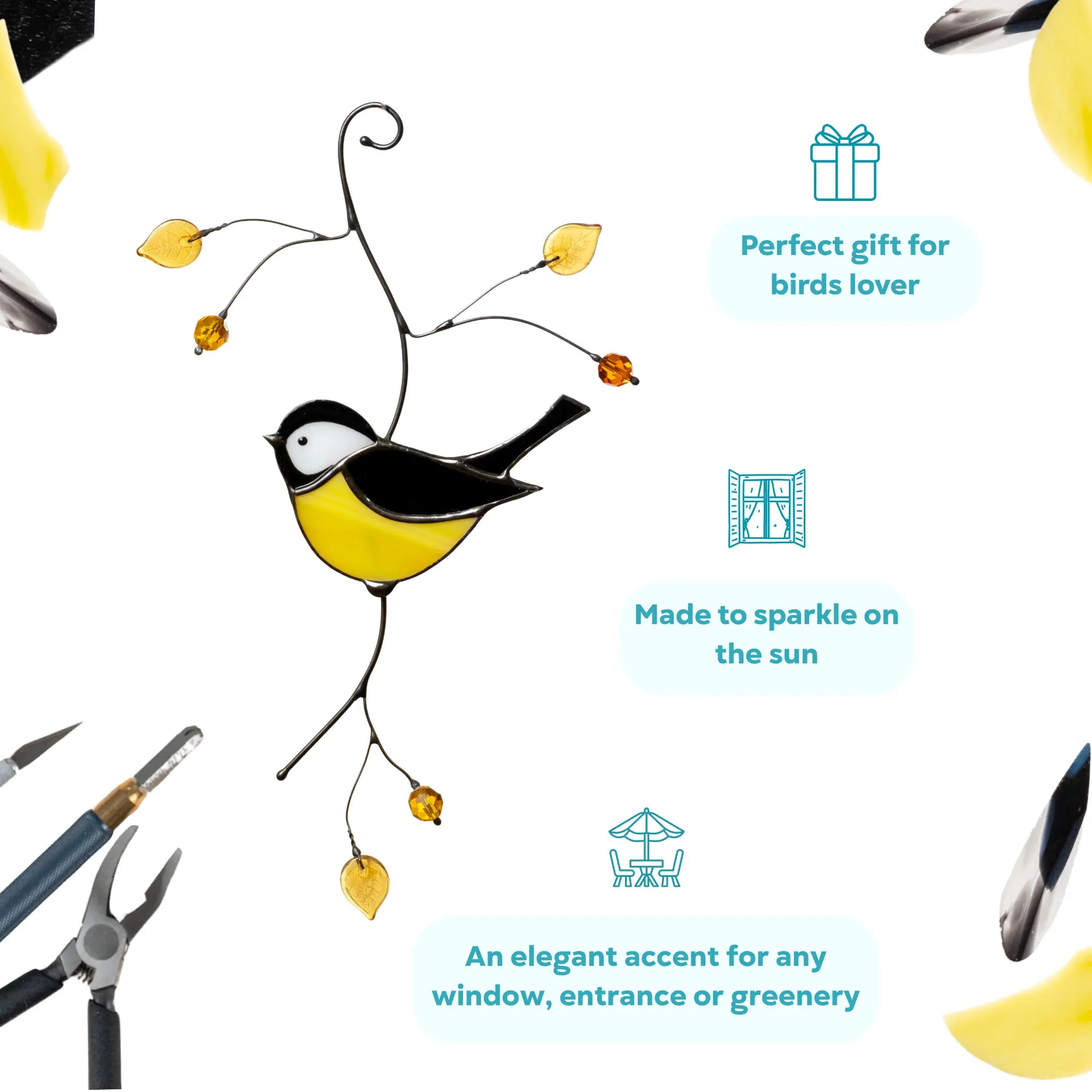 Stained glass chickadee with glass yellow leaves and amber beads, perfect bird lover gift