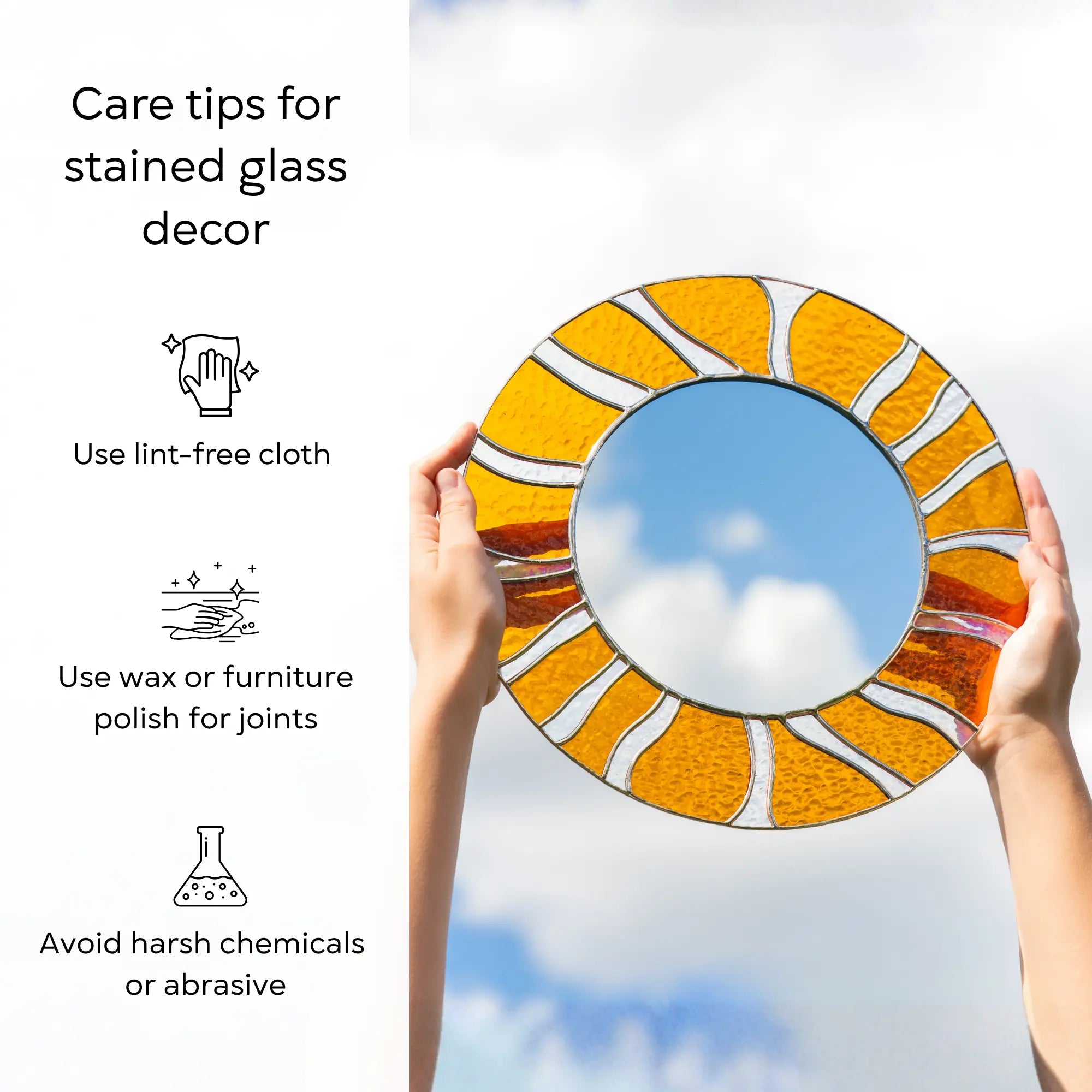 Stained glass mirror held by hands with care tips on the left: use lint-free cloth, polish joints with car wax or furniture polish, avoid harsh chemicals, and windy places.