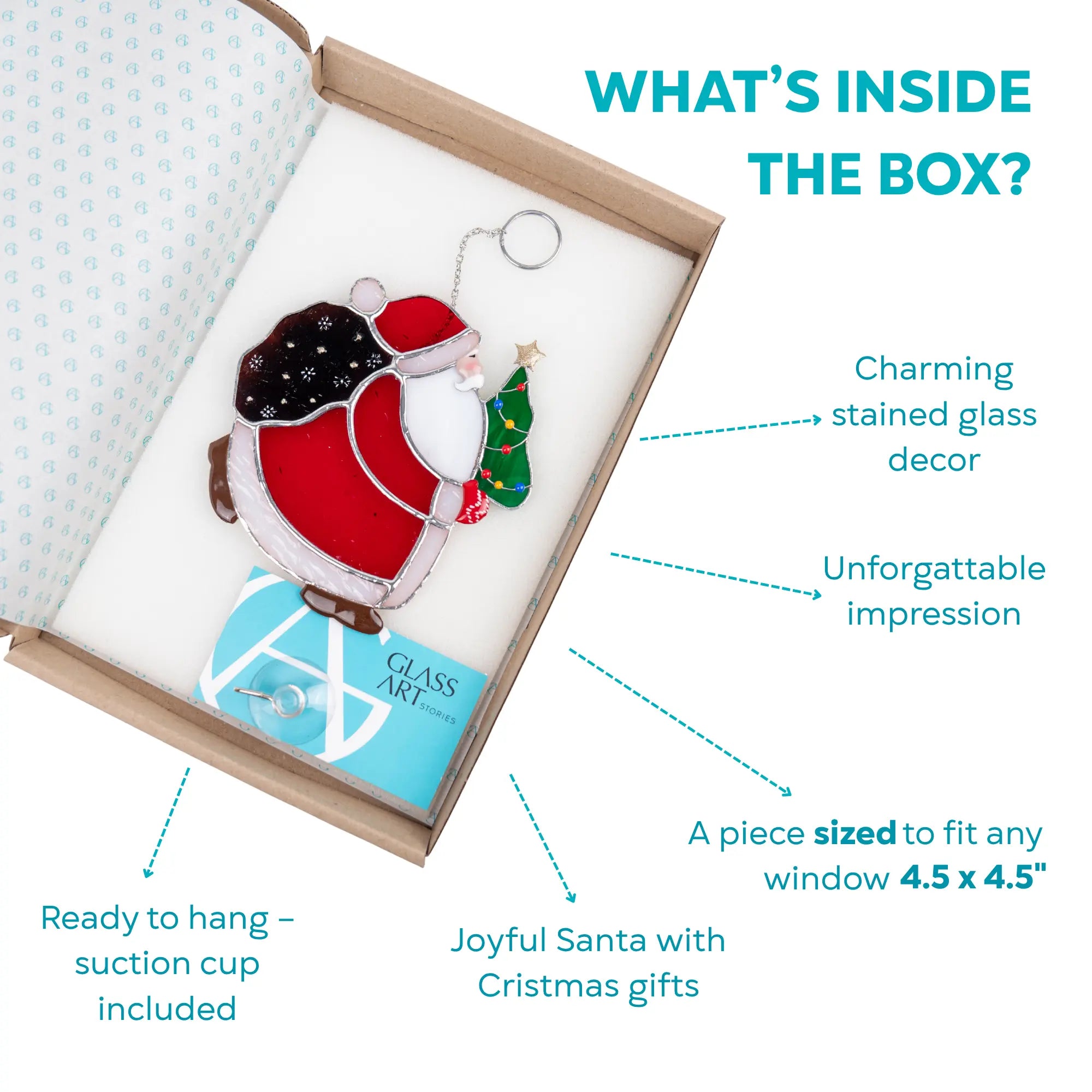 Stained glass suncatcher of a Santa Claus with Christmas gifts in an open box, with branded card and suction cup included