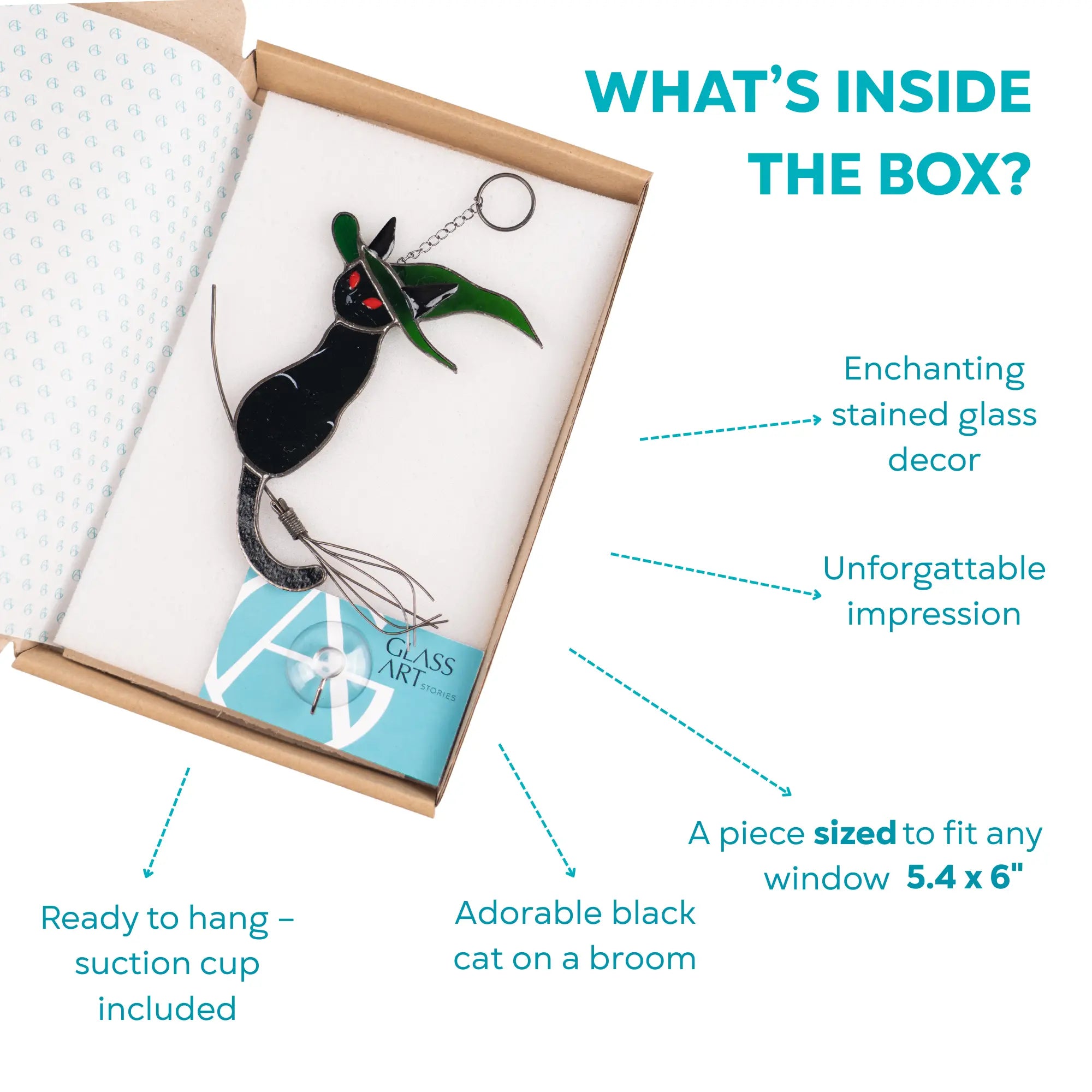 Stained glass decor of a black cat on a broom in a box with branded card, suction cup included