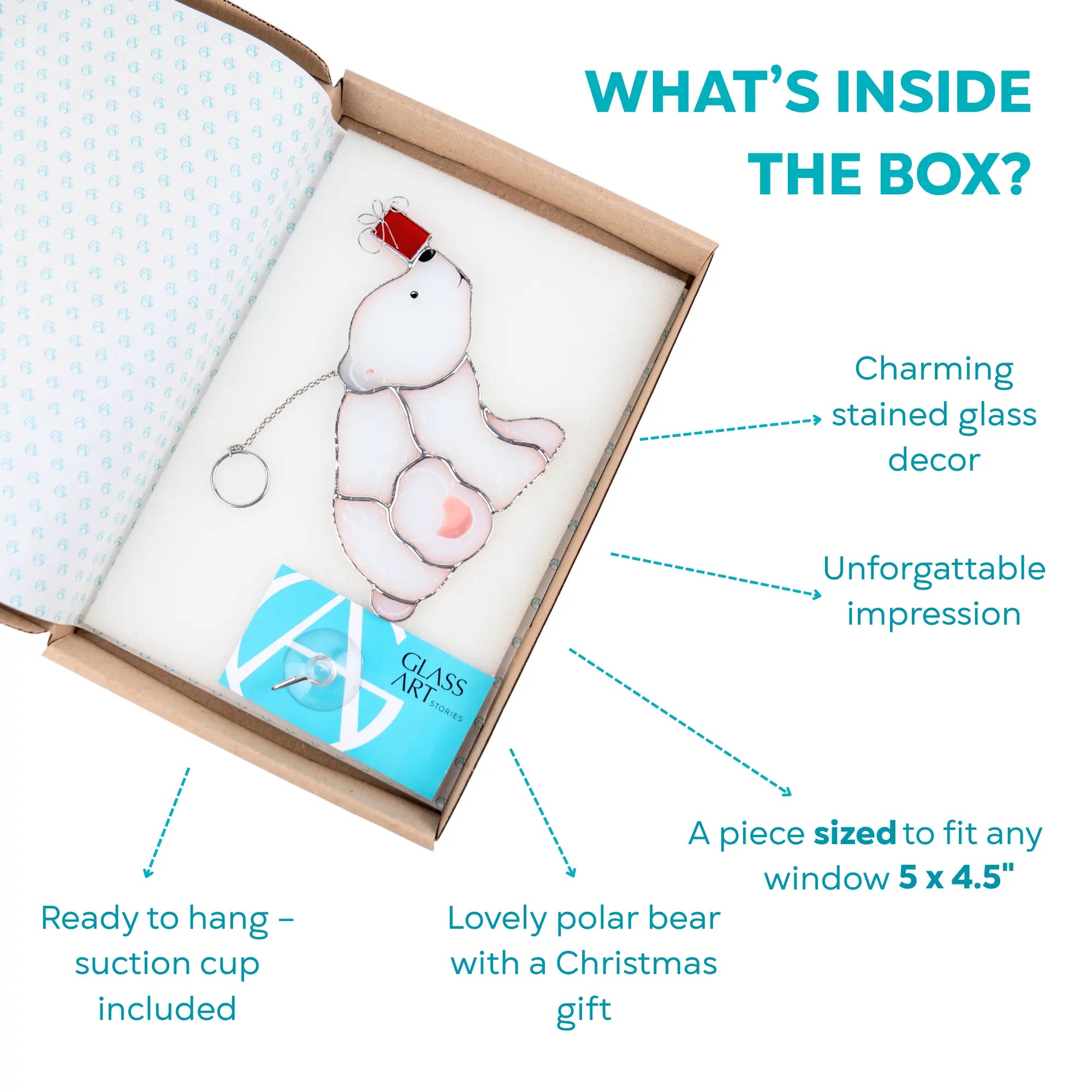 Stained glass suncatcher featuring a polar bear with a Christmas gift, shown in an open box with branded card and suction cup included