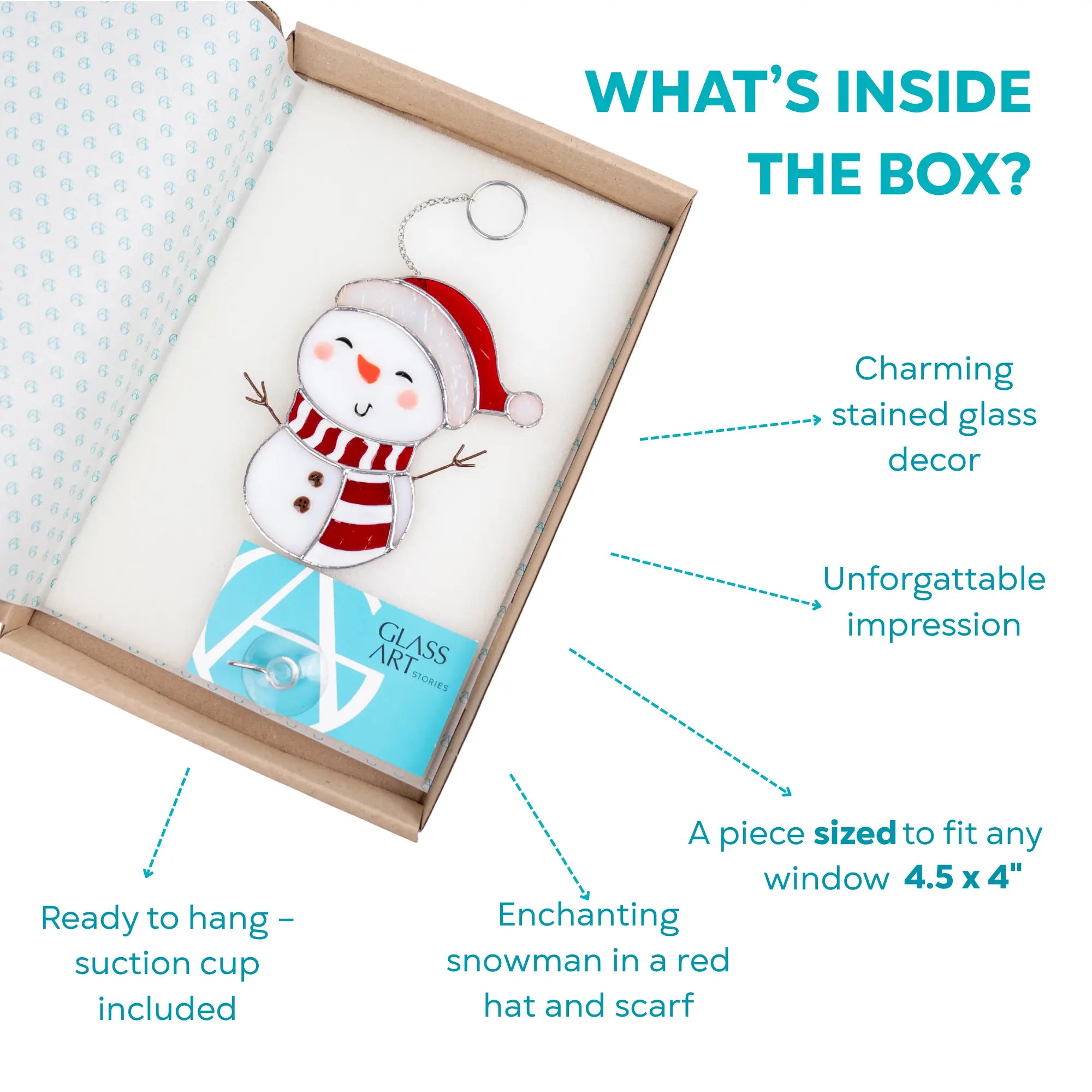 Stained glass suncatcher featuring a snowman in a box with branded card and suction cup included