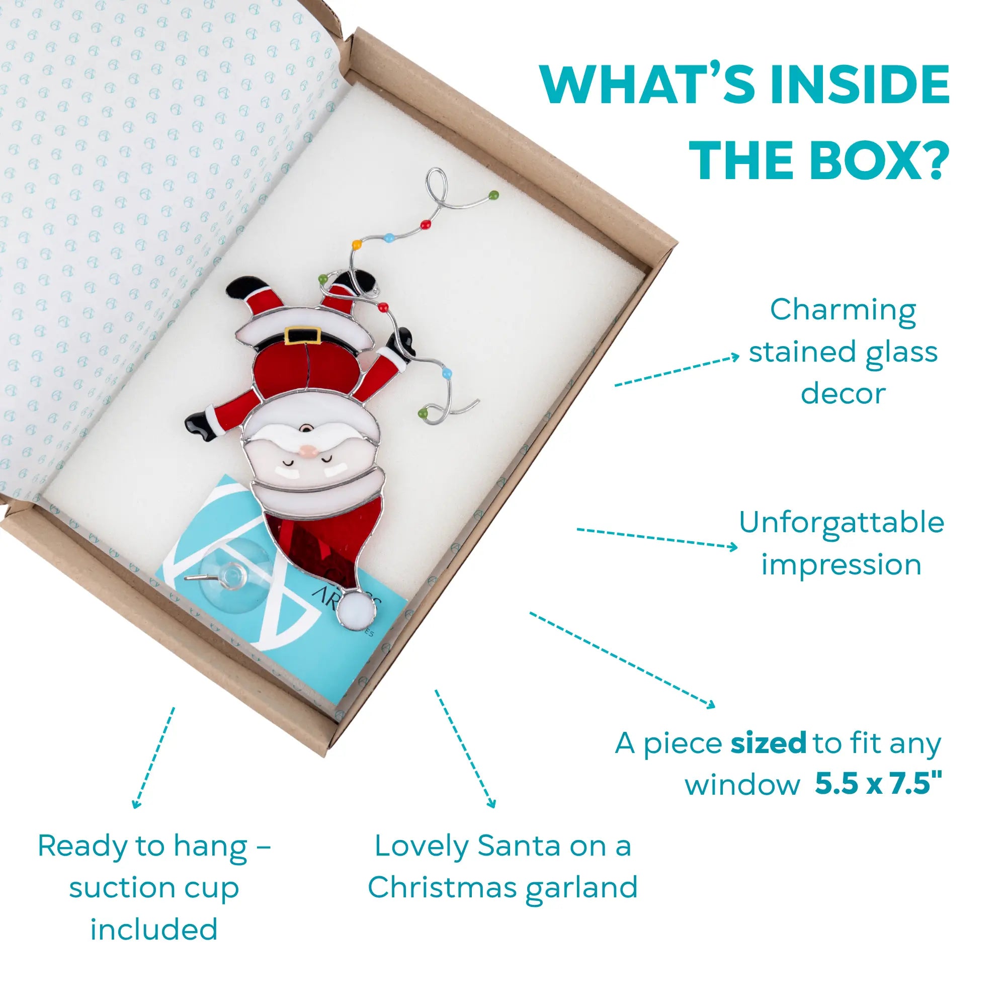 Stained glass suncatcher with Santa Claus and Christmas garland in a box, featuring branded card and suction cup included