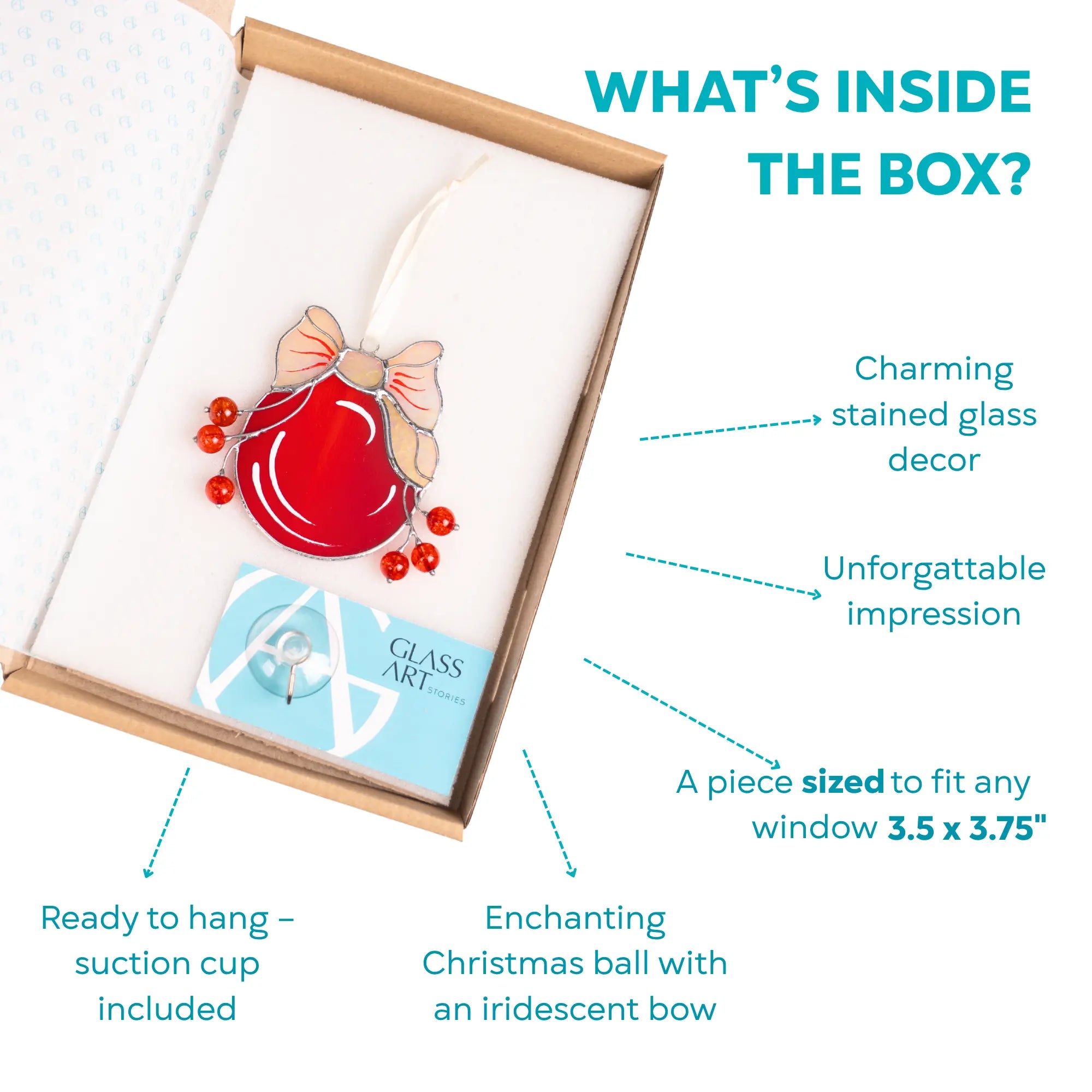 Stained glass decor with a red ball and bow, with branded card and suction cup included