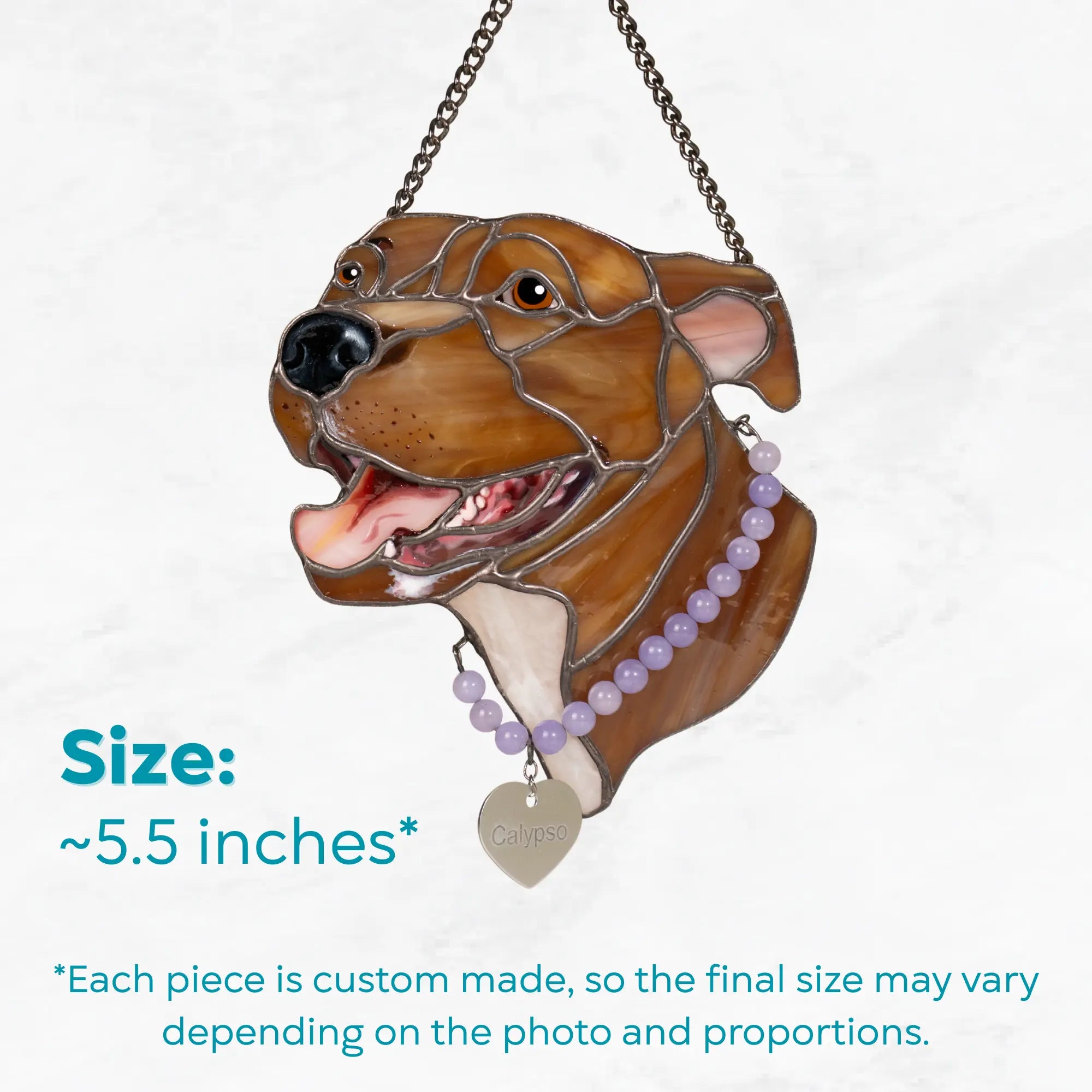 Your stained glass suncatcher pet portrait will be sized approximately 5.5 inches
