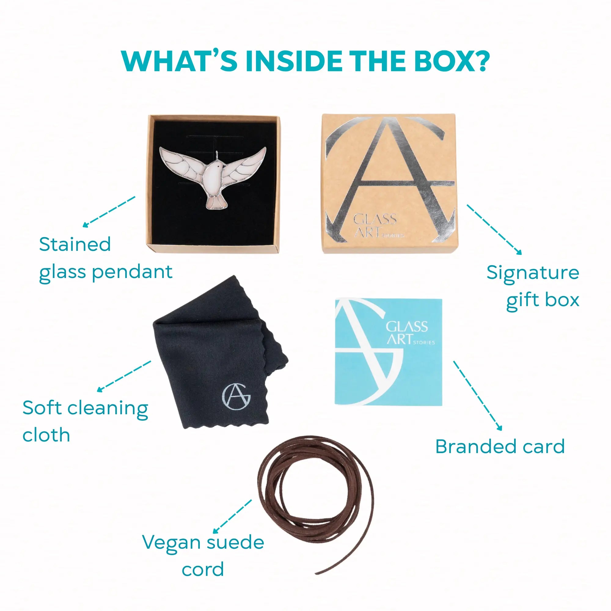 Product packaging with stained glass pendant, soft cleaning cloth, vegan suede cord, branded card, and gift box.