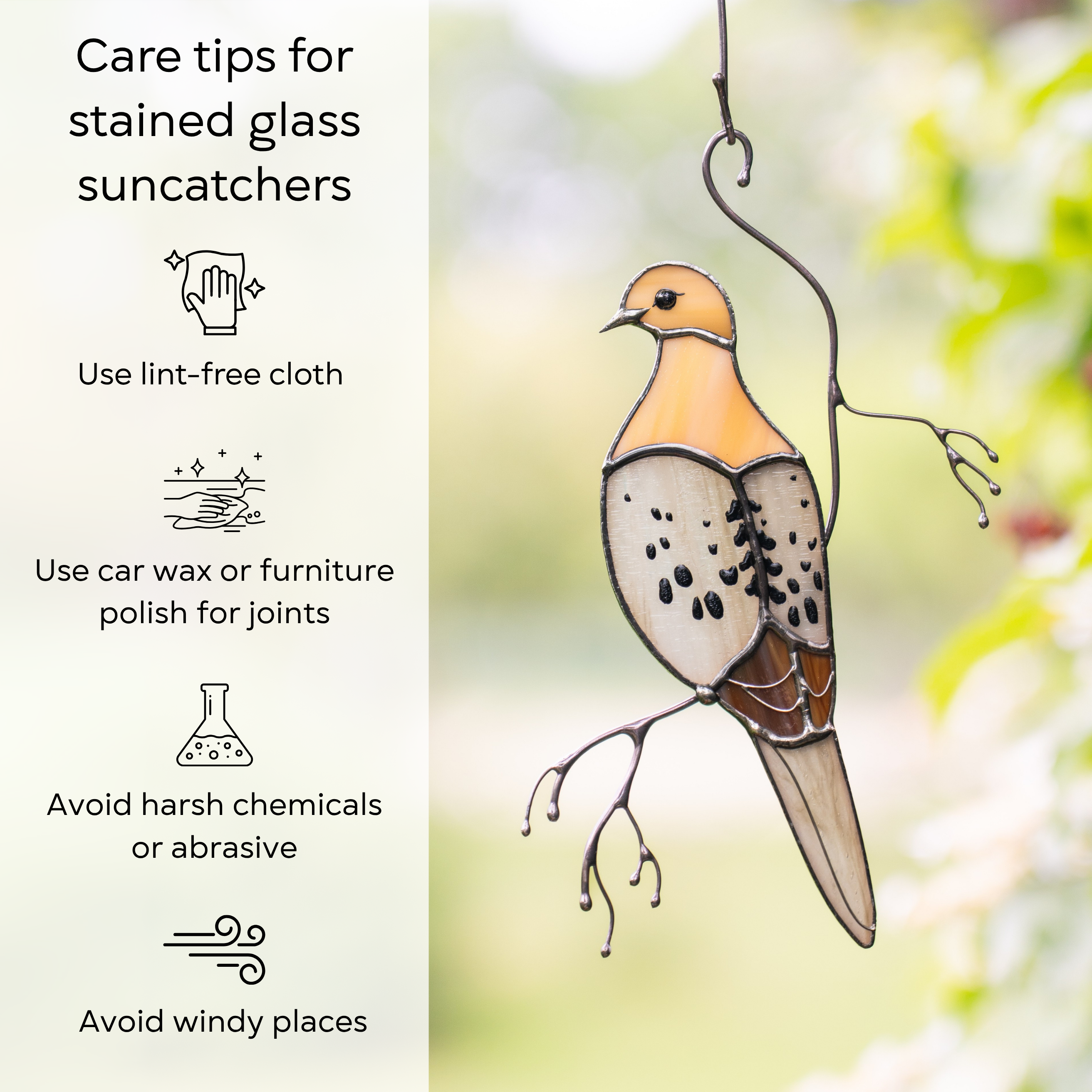 Beige mourning dove hanging in snowy background, next to tips for cleaning stained glass safely: use lint-free cloth, use wax polish for joints, no harsh cleaners, avoid wind.