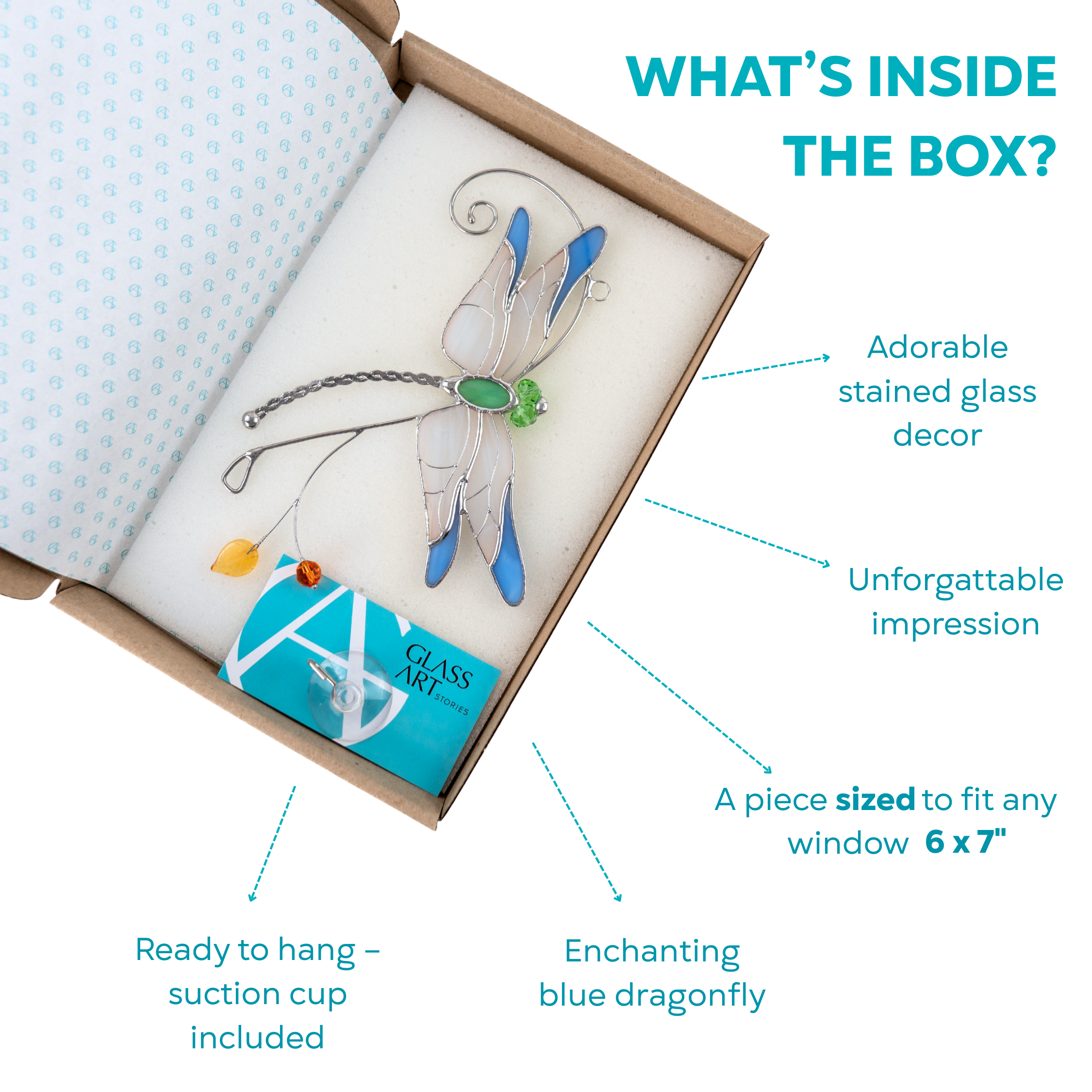 Stained glass dragonfly suncatcher in a branded box, ready to gift with a suction cup attached.
