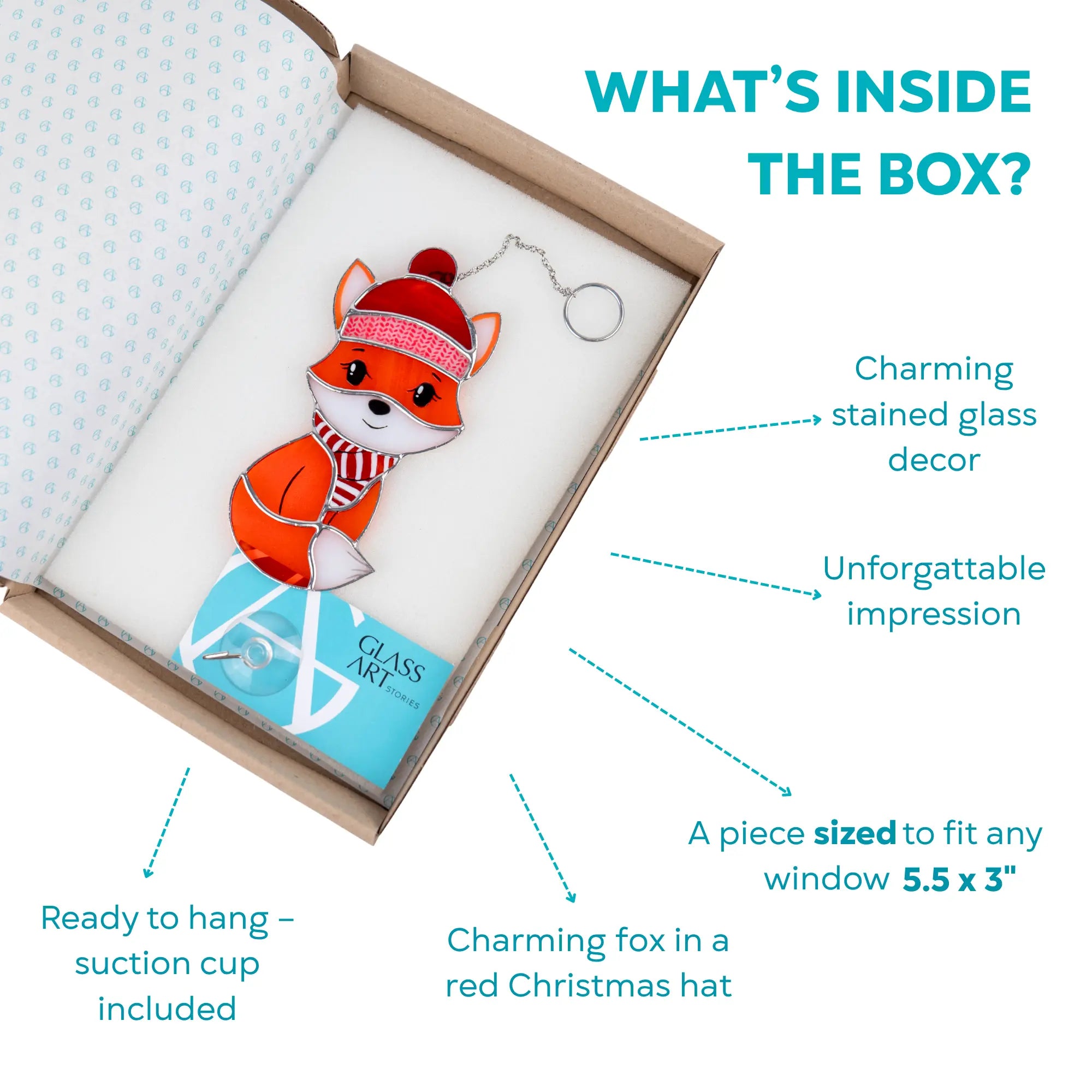 Stained glass fox suncatcher in a box with branded card and suction cup included