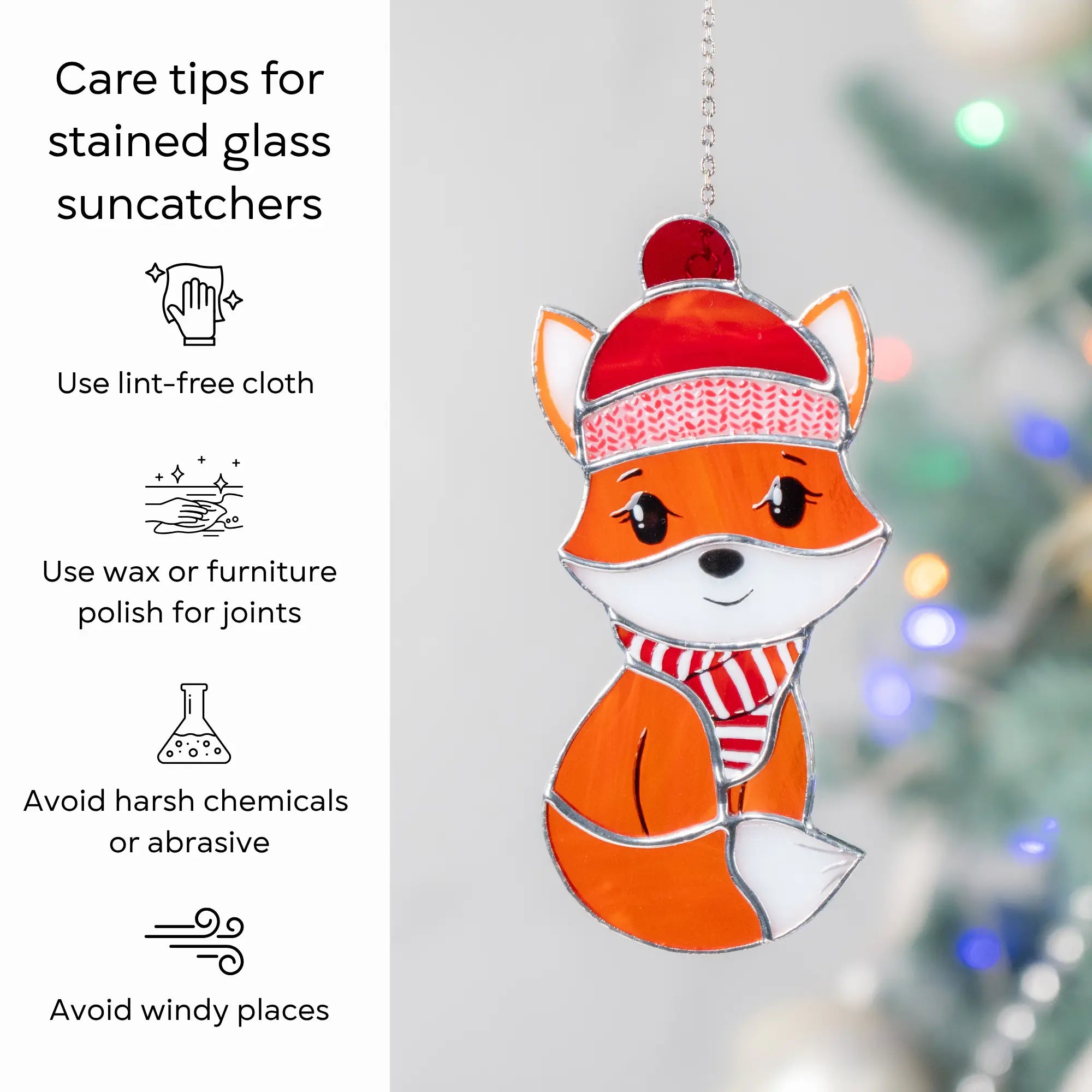 Stained glass fox ornament with care tips: use lint-free cloth, polish joints with car wax or furniture polish, avoid harsh chemicals, and windy places.