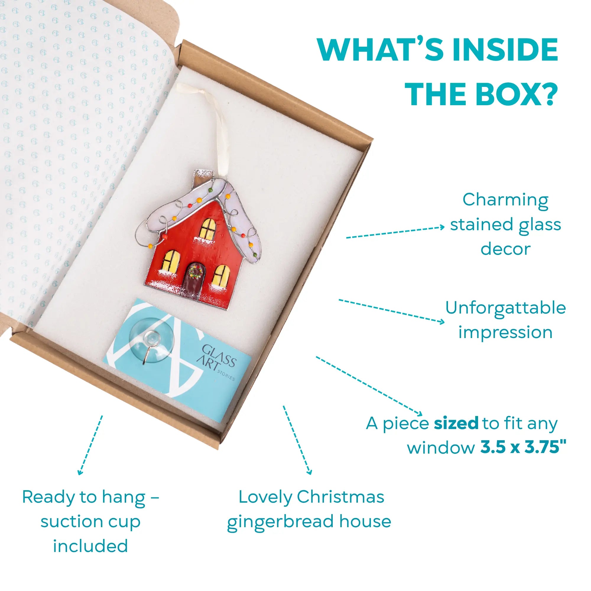 Stained glass gingerbread house decor in a box with branded card and suction cup included